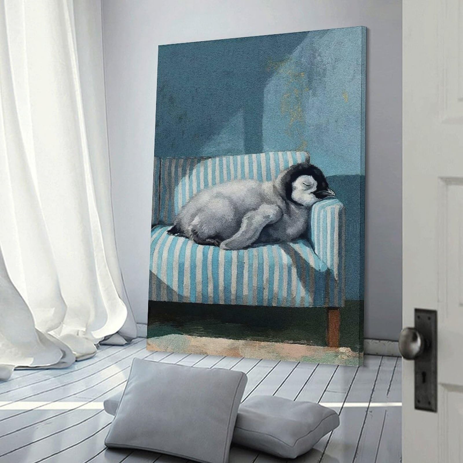 Junmoney Frame-Style-18-1 Canvas Wall Picture Sleeping Penguin Chick On Striped Couch, 24X36inch(60X90cm), For Home Lounge, Bedroom Or Reading Nook, A Home Accent With Warm Character