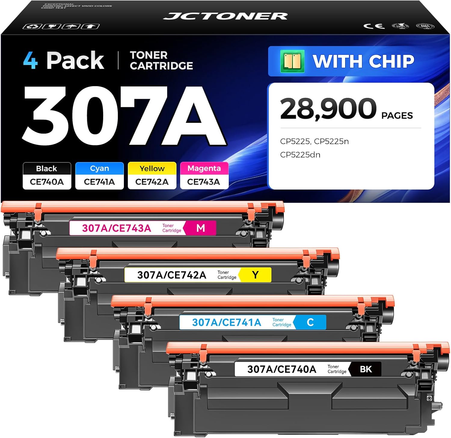 Photo 1 of  307A Toner Cartridge Set 4-Pack with chip High Yield Replacement for HP 307A CE740A CE741A CE742A CE743A Compatible for HP Color LaserJet Professional CP5225 CP5225n CP5225dn Printer Ink Black Magenta 