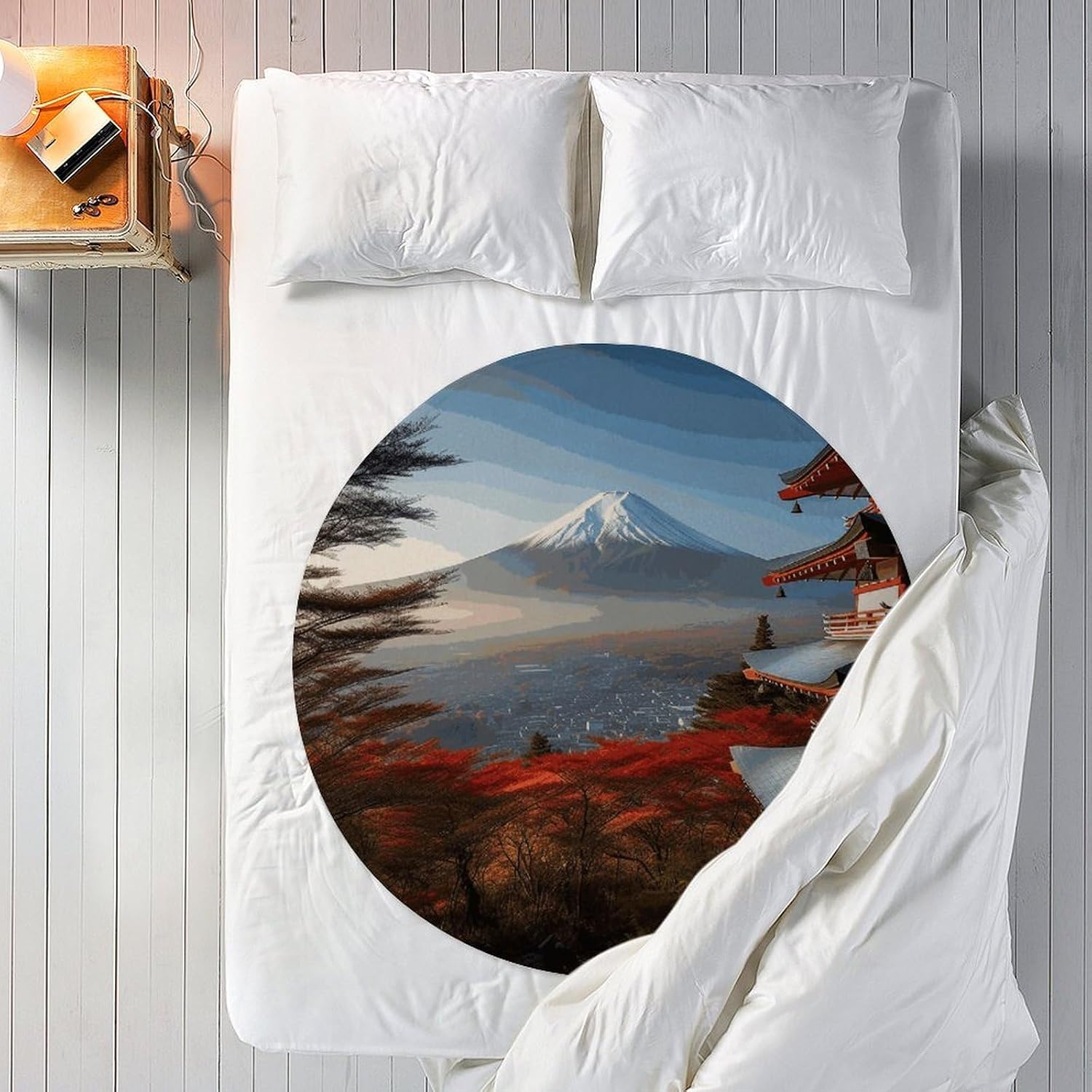 Japan Mount Fuji Landscape Blanket Round Beach Tapestry Flannel Round Tablecloth Boho Beach Blanket Home Decor Indie Rug Comfortable Yoga Mat for Multi Scenario Usage