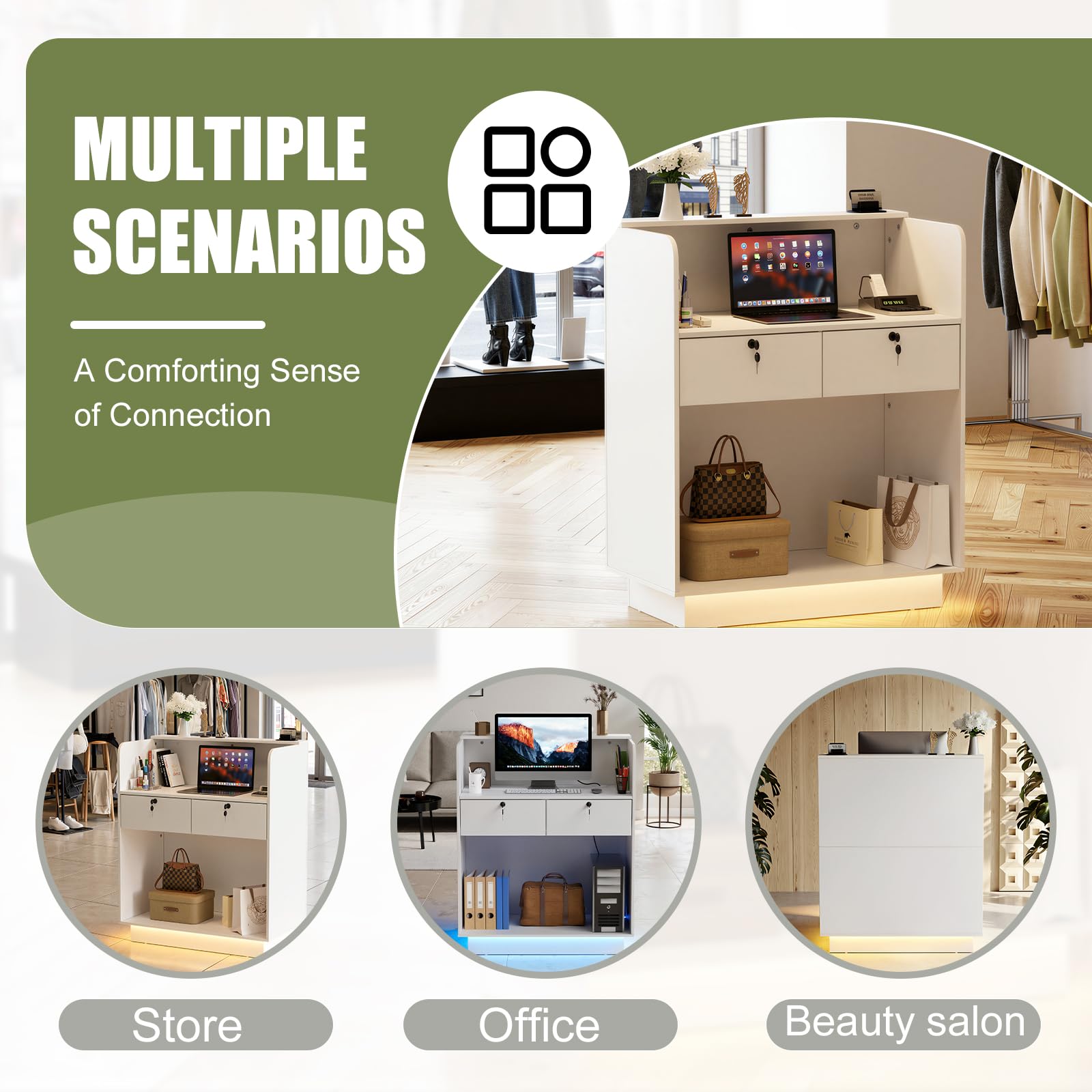 MSFE Mueble Recepción con LED, Mostrador de Recepción Pequeña,Mesa de Oficina con Estantes Ajustables,Cajón con Cerradura,Mostrador de Tienda, Mostrador de Venta,103X80X45cm,para Oficina, cafetería