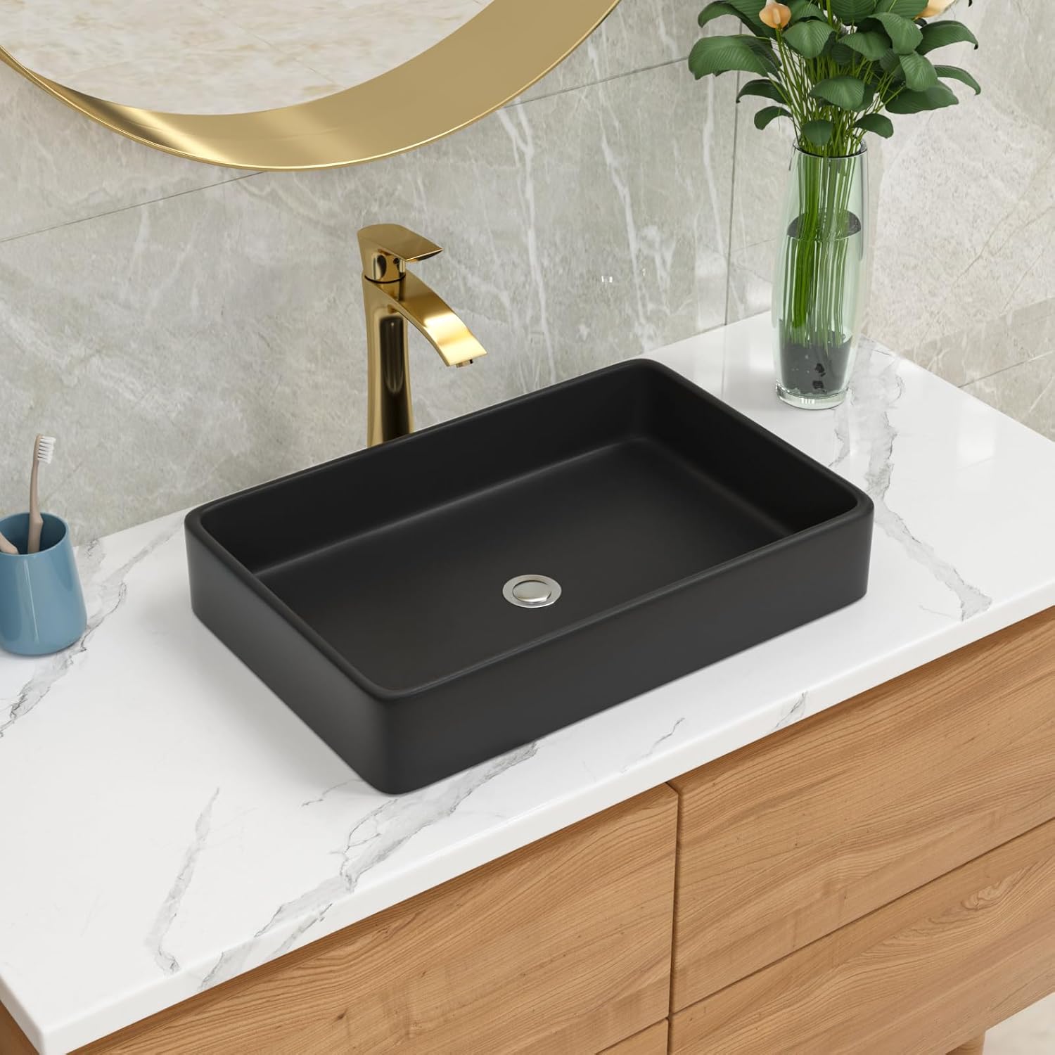 Lordear Rectangle Black Vessel Sink 24x16" Rectangle Bathroom Sink Modern Above Counter Porcelain Ceramic Vessel Vanity Sink Art Basin