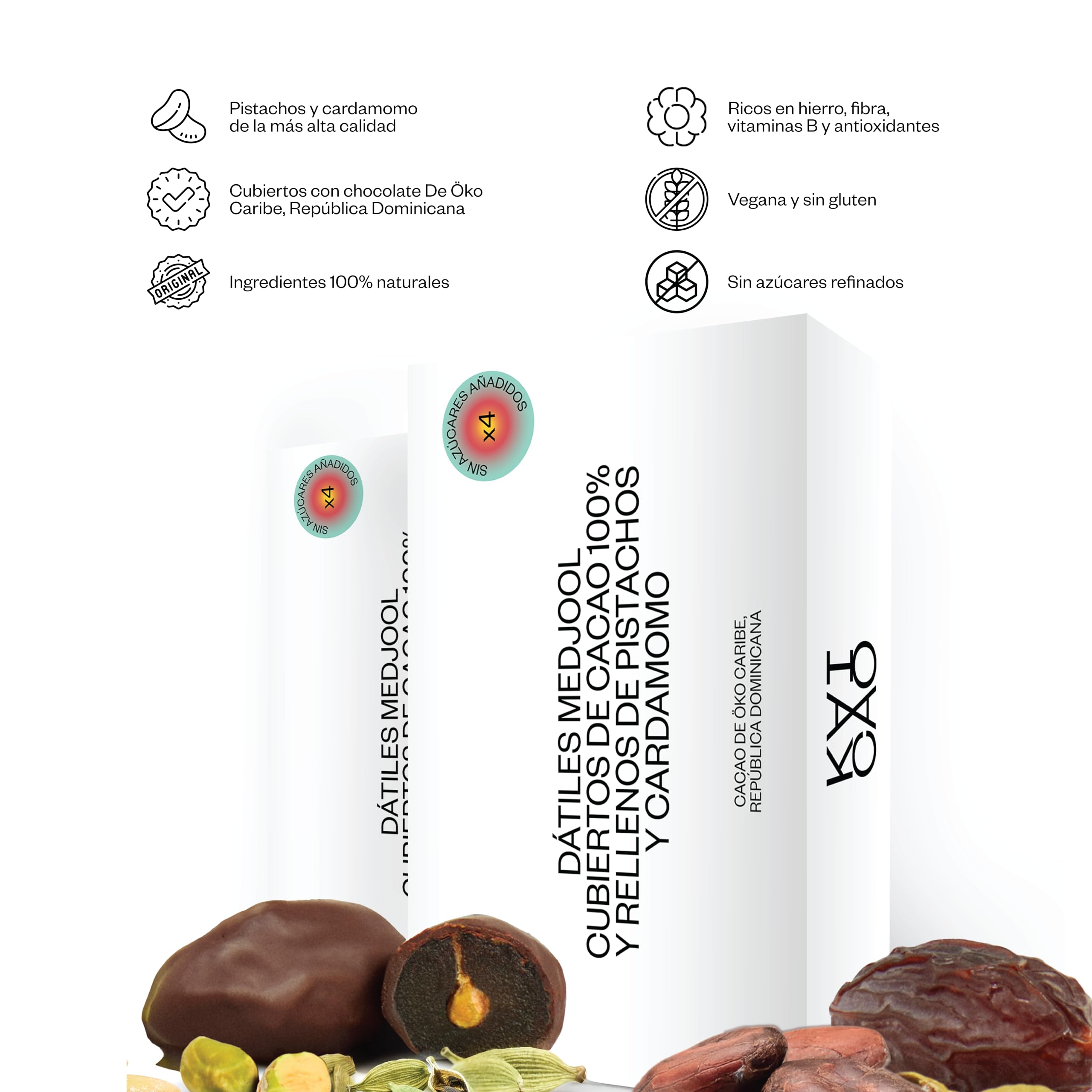 Kaicao Dátiles Medjool - Rellenos de Pistacho y Cardamomo, Cubierto con Chocolate 100% Cacao Origen Oko, República Dominicana - Sin Azúcar Añadida - Snack Saludable - Dátil - Pack de 8 Dátiles