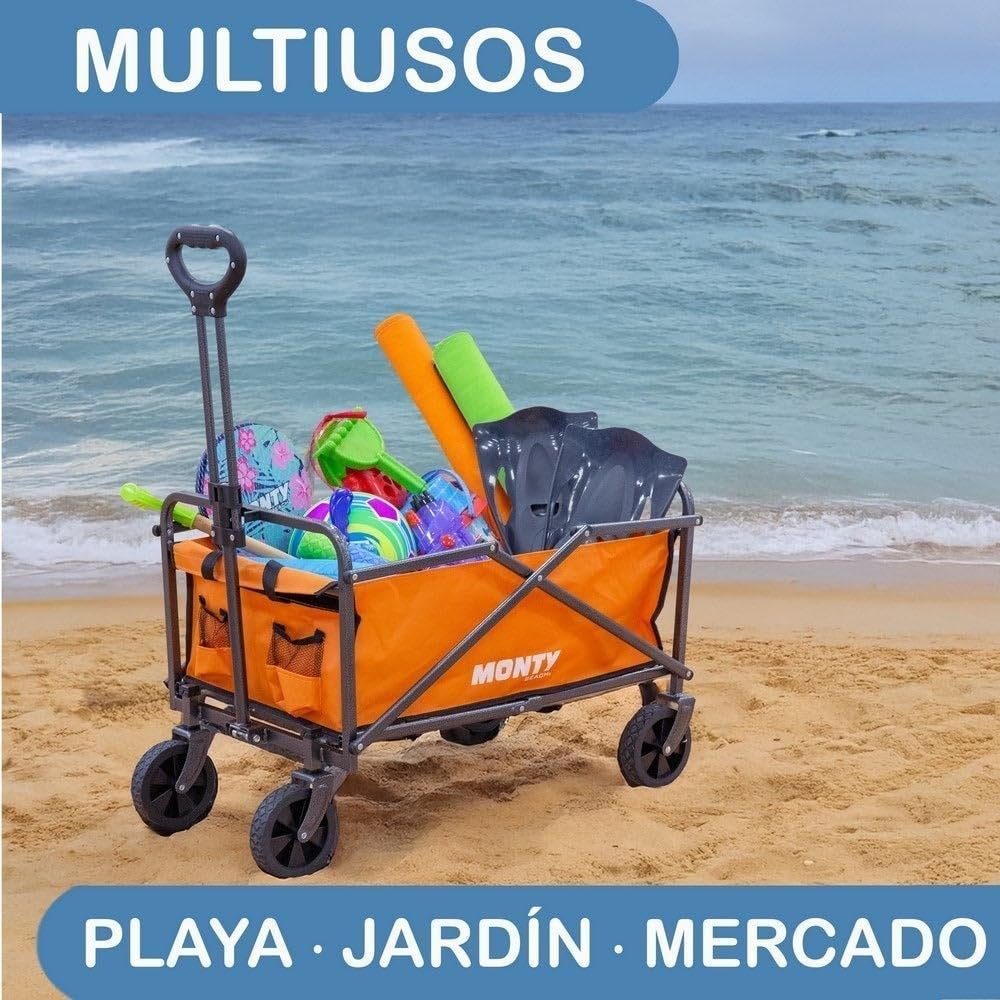 Carro playa de mano trolley, mango regulable, plegable, 2 ruedas giratorias, 69x46x87 cm, acero Epoxi anticorrosión-tejido Oxford naranja, carretilla multiusos, carga 60 kg, camping, jardín, compra