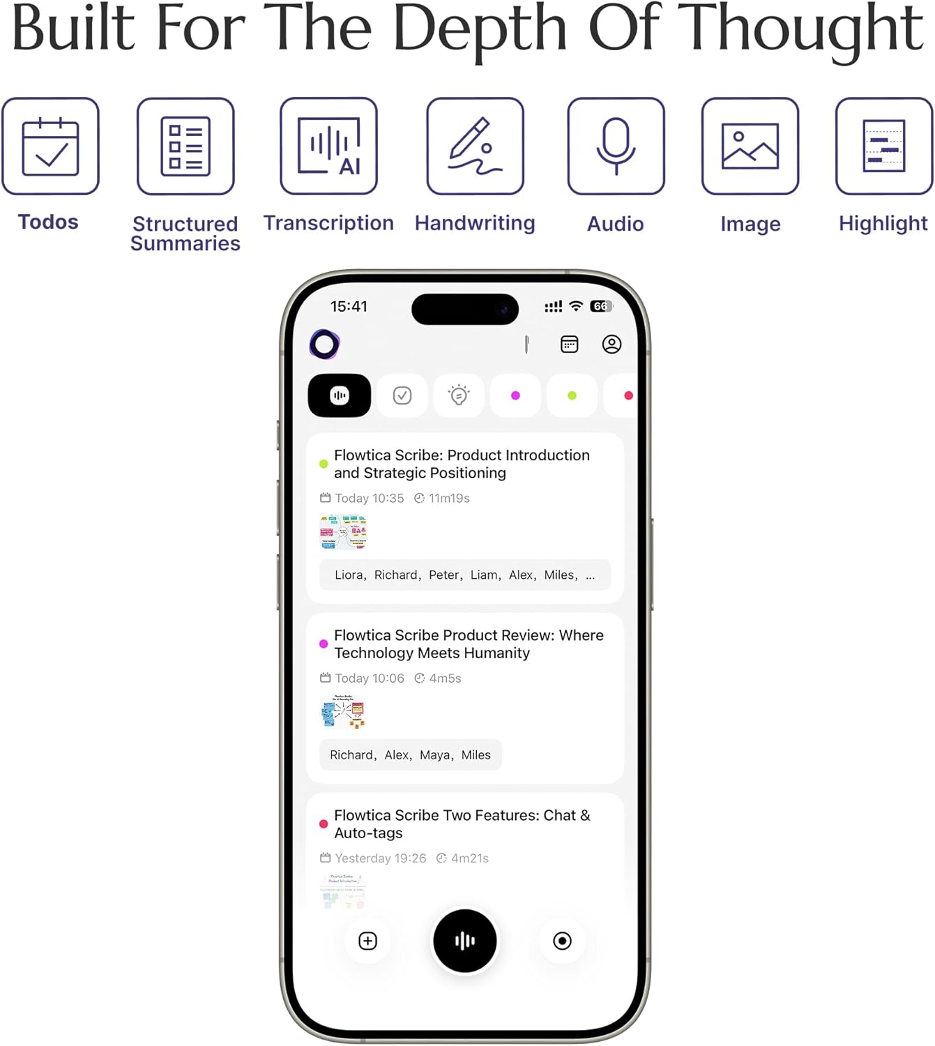 Flowtica Scribe AI Voice Recorder, App Control, Transcribe & Summarize, One-Press Highlight, HiFi Audio, Background Auto-Sync, Note Taker for Meetings & Lectures, Ultra-Slim, Charging Case Included