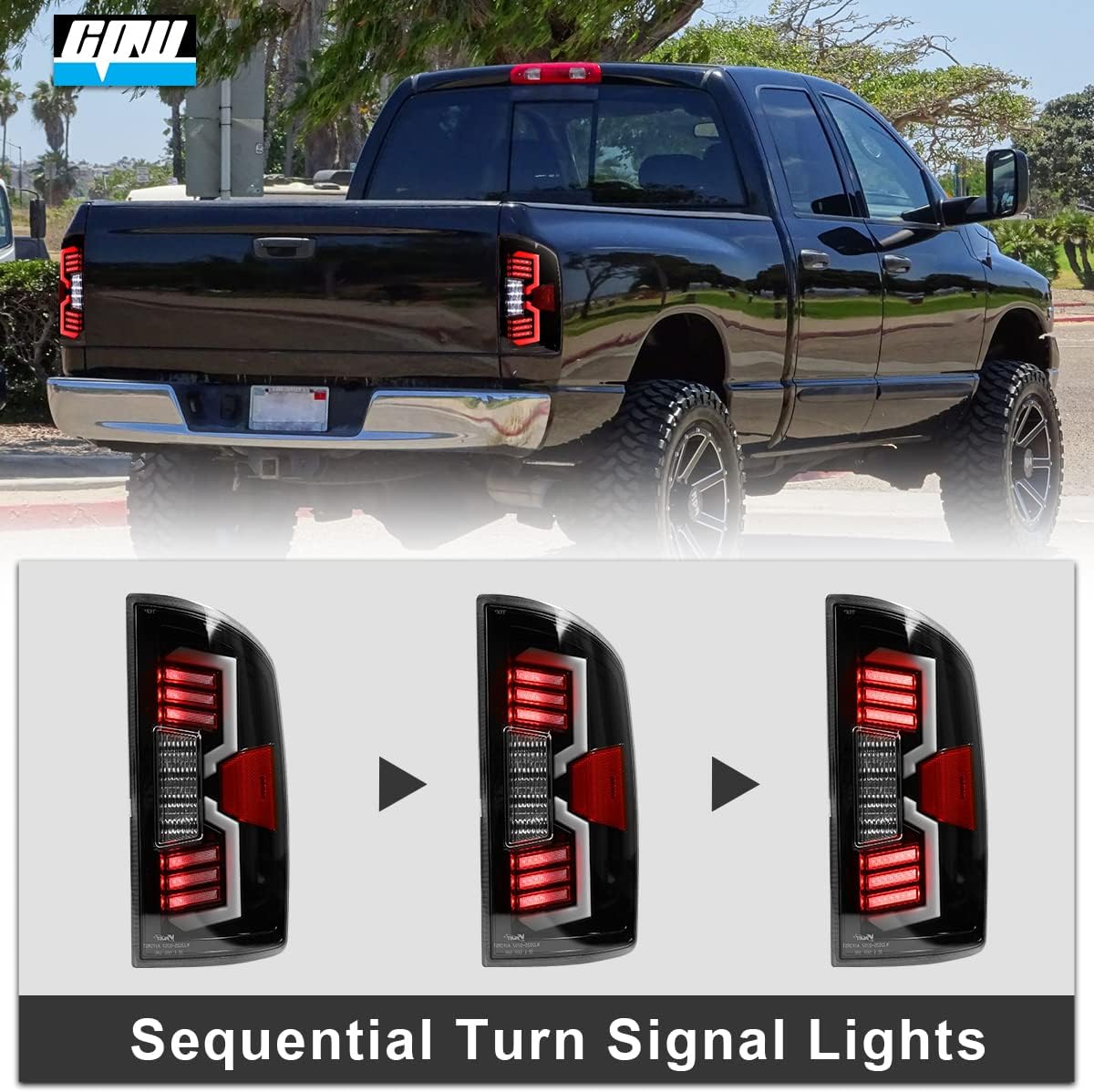 CPW Tail Lights Assembly Compatible with 2002-2006 Dodge Ram 1500 Pickup 2003-2006 Dodge Ram 2500/3500 pickup LED DRL Sequential Turn Signal Lights Rear Lamps - Gloss Black/Clear
