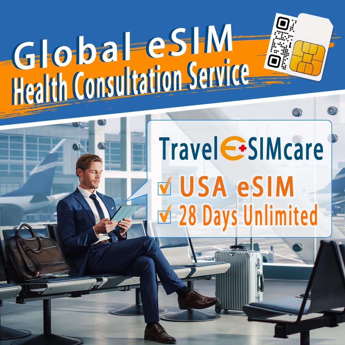 TravelSIMcare – Global SIM Card with Health Consultation Services | eSIM & Physical SIM | Health Manager Support (USA E-sim_28 Day Unlimited Data)