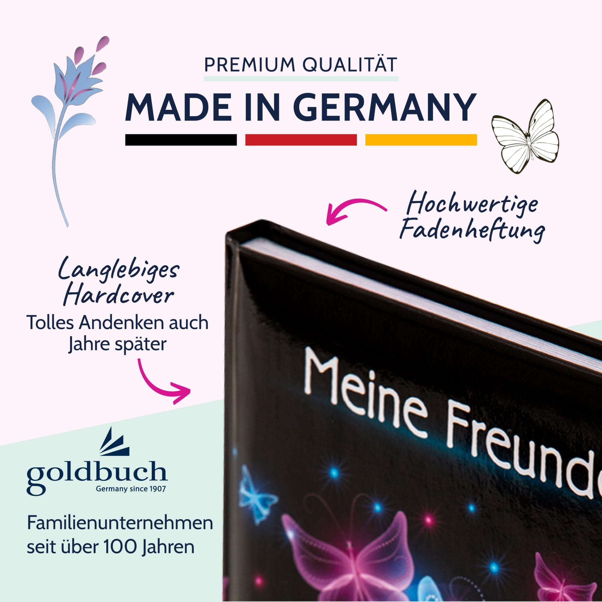 Goldbuch Livre d'amitié A5 88 pages Motif papillon Noir/rose/bleu