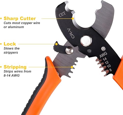 Miniatura 3 de Cortador de cables de 7 pulgadas 8-14 AWG, resistente para cobre de aluminio, cables de comunicación, herramienta de pelado de cables y herramienta