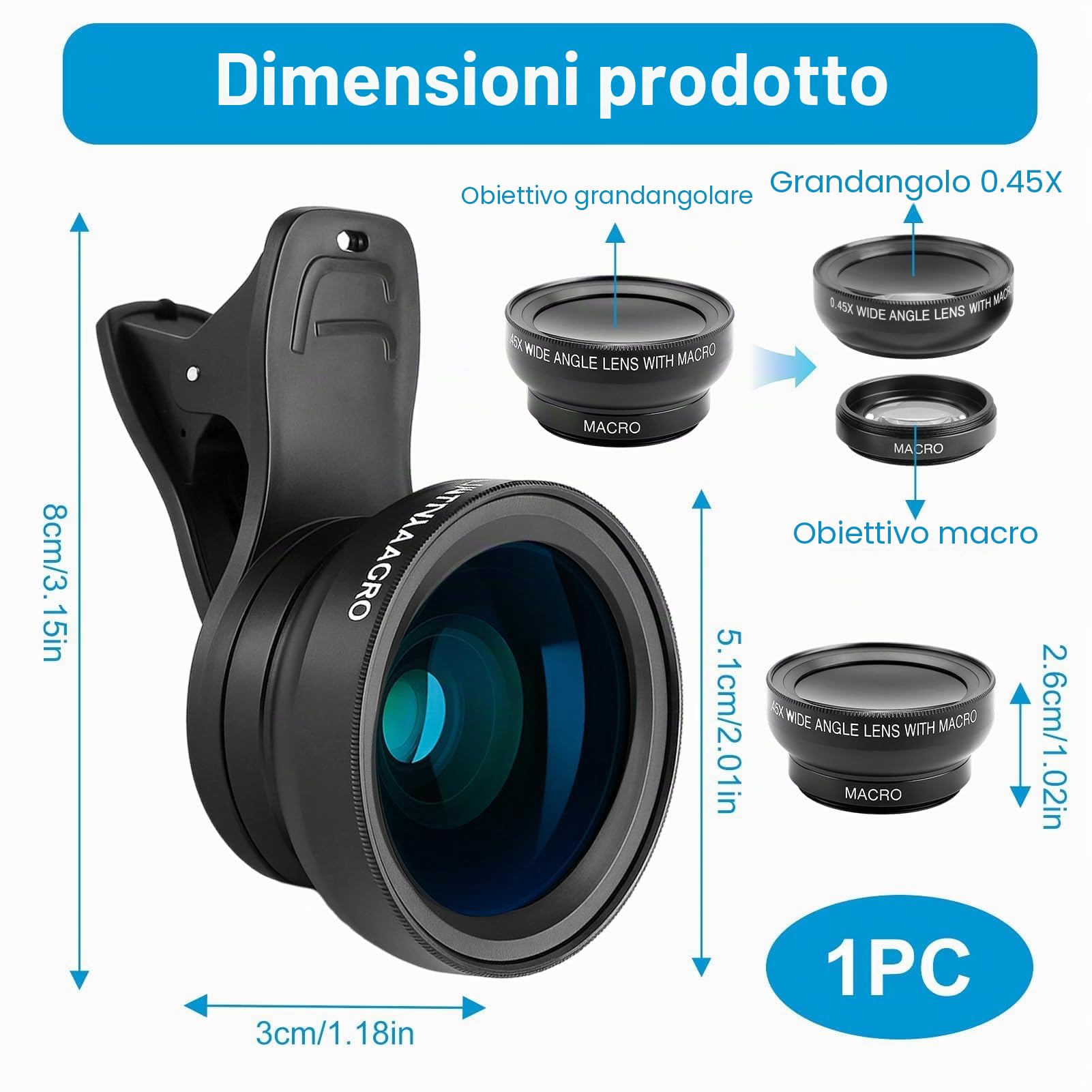 Lens Kit, Funzioni due in uno Obiettivo for telefono cellulare Obiettivo grandangolare 0,45X e obiettivo for fotocamera Macro HD 12,5X Universale, compatibile con iPhone Android Phone(Blue Lens Kit, Funzioni due in uno Obiettivo for telefono cellulare Obiettivo grandangolare 0,45X e obiettivo for fotocamera Macro HD 12,5X Universale, compatibile con iPhone Android Phone(Blue