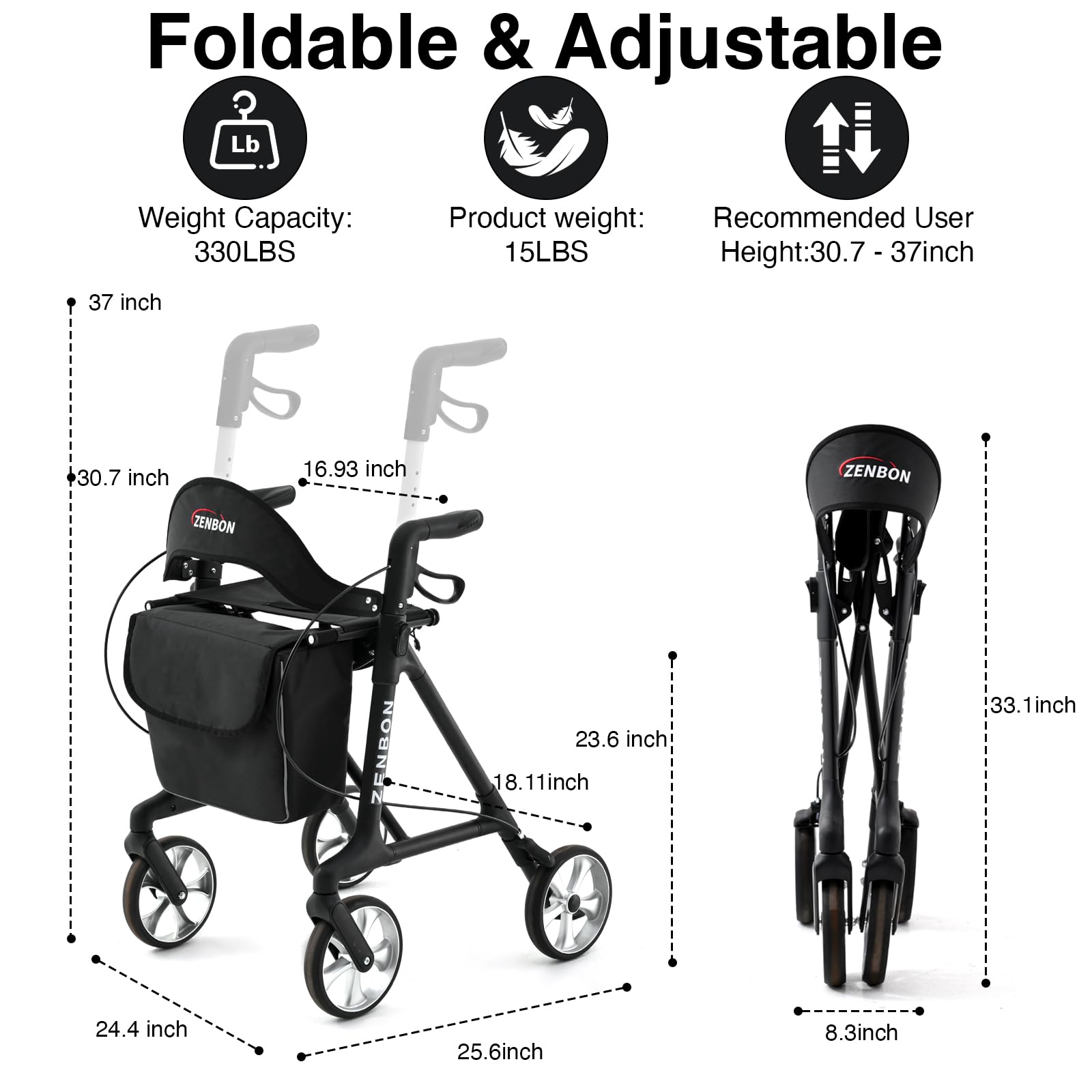 Deambulatore Leggero Pieghevole in Alluminio: Girello 4 Ruote Leggeri e Pieghevoli Speciali per Anziani - Rollator con Seduta Stretti per la Casa - Deambulatore con Funzione di Bloccaggio (Nero)
