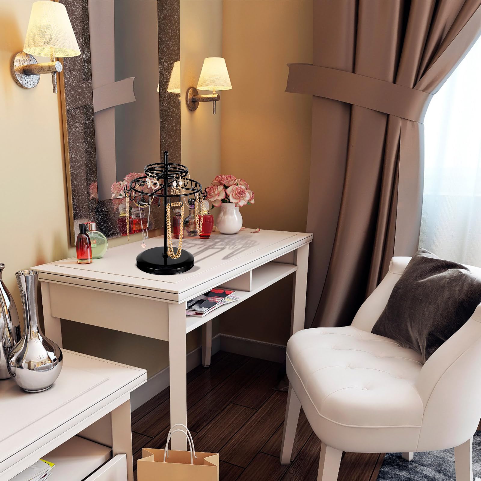 Marsui 18.4 Inch Metal Rotating Necklace Holder, Black 2 Tier Height Spinning Jewelry Tree Stand with 22 Hooks Jewelry Organizer Display Stand for Mall Exhibition Retail Store Showrooms