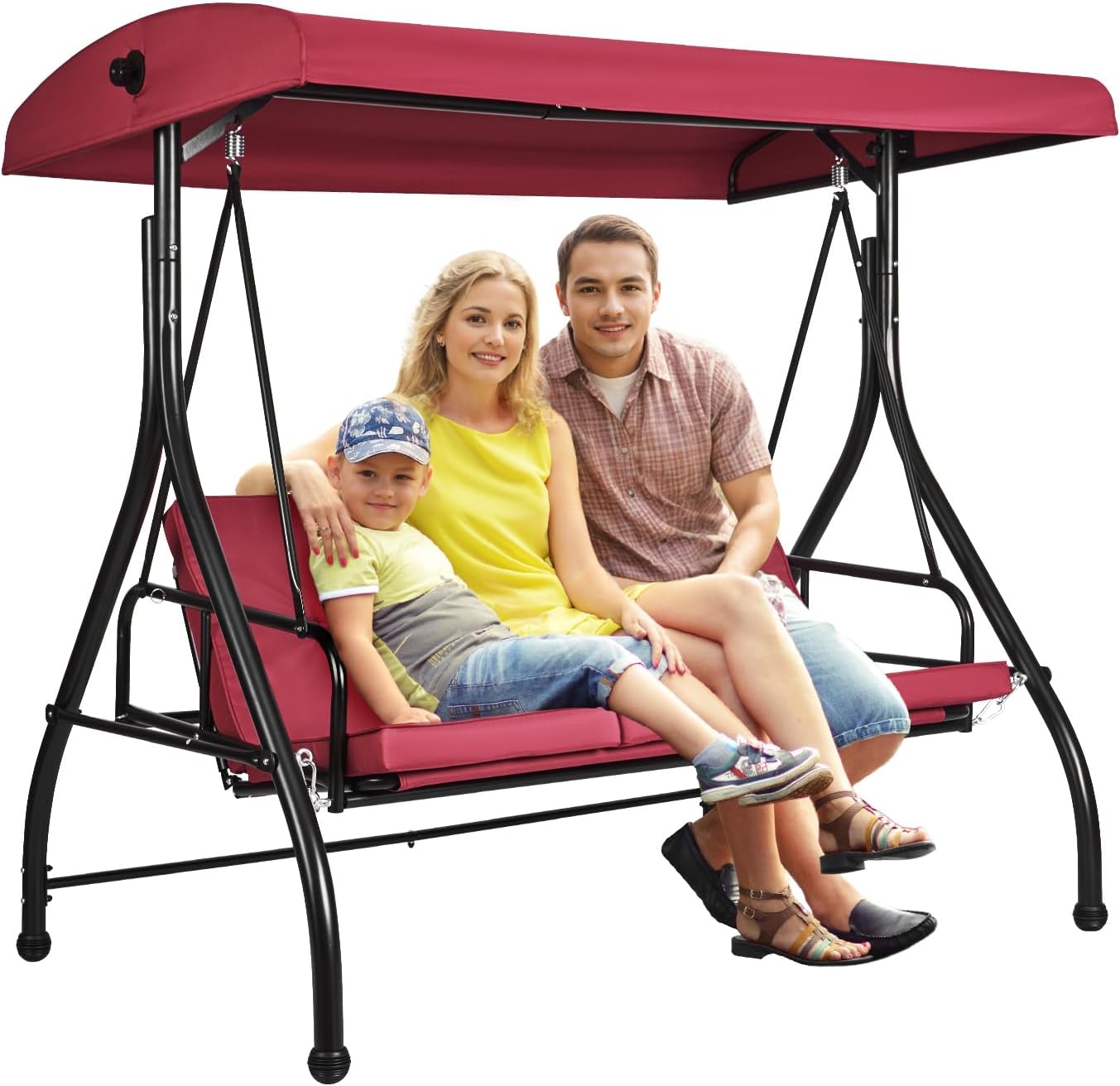 VEVOR 3-Seat Patio Swing Chair, Converting Canopy Swing, Outdoor Patio Porch with Adjustable Canopy, Removable Thick Cushion and Alloy Steel Frame, for Balcony, Backyard, Poolside, Burgundy