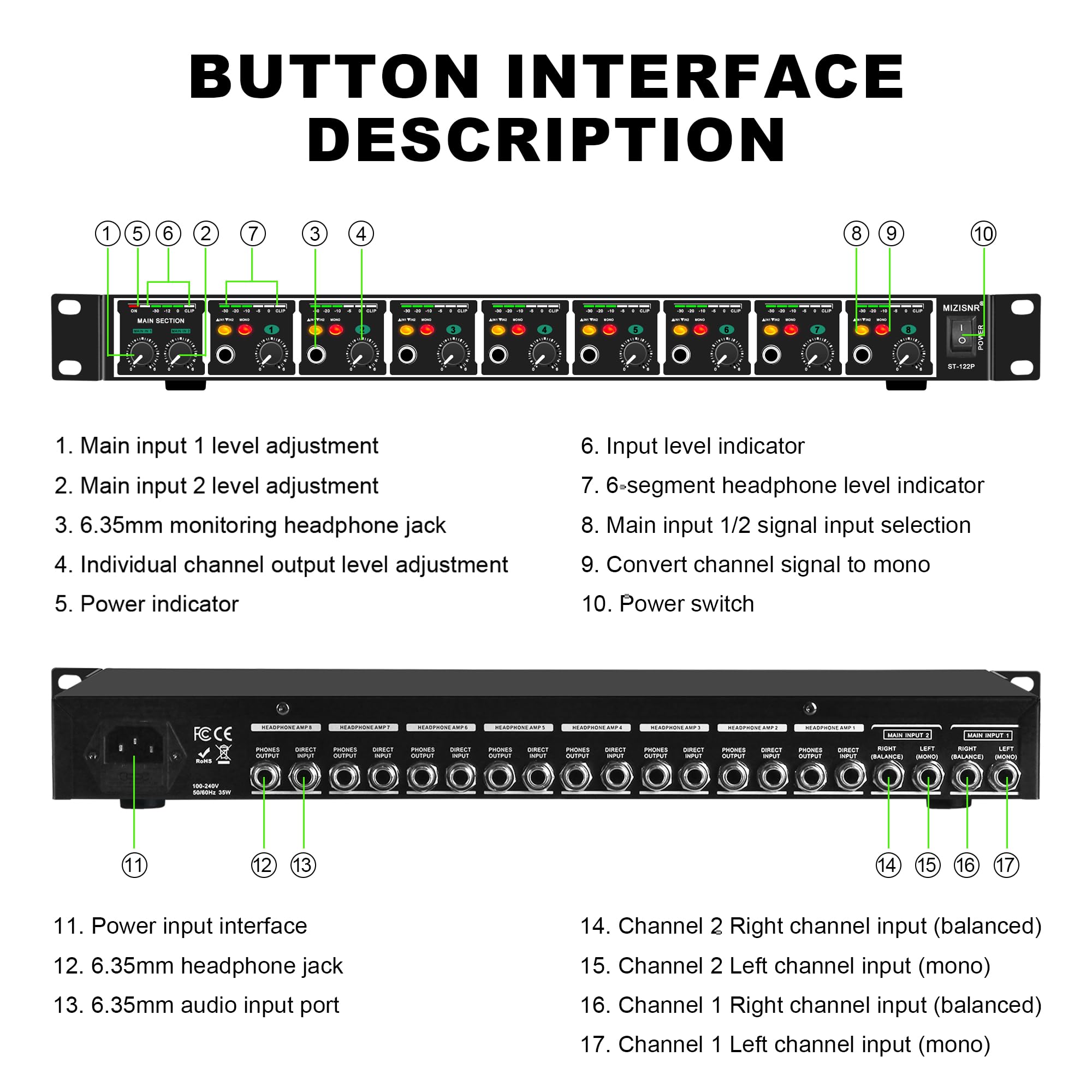 Amplificateur de casque 8 canaux pour casque avec modes stéréo/mono, 16 sorties casque, compteurs LED pour studio et surveillance du son en direct