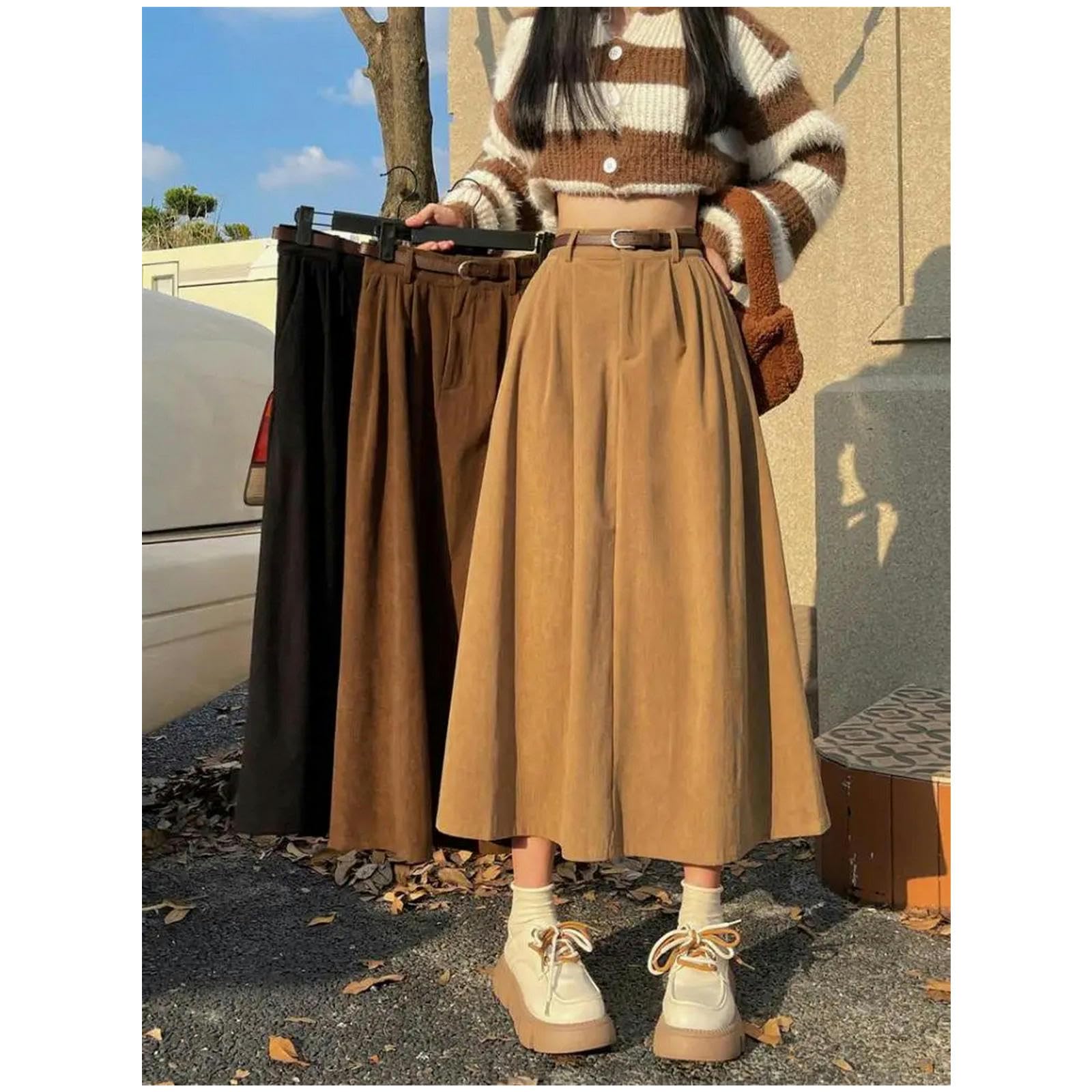 Gonna Lunga Donna Gonna Marrone delle Donne Autunno Inverno A Vita Alta in Velluto Gonna Lunga Stile College A Pieghe Gonne A-Line