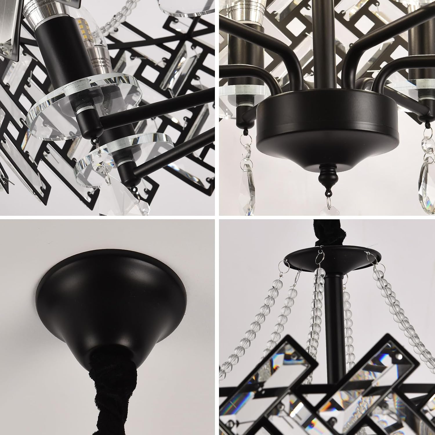 6-Light Crystal Chandelier with Adjustable Chain, 19.2" Round Drum Ceiling Light Fixture for Dining Room, Bedroom, Kitchen Island, Foyer Entryway, Black Modern Pendant Lighting