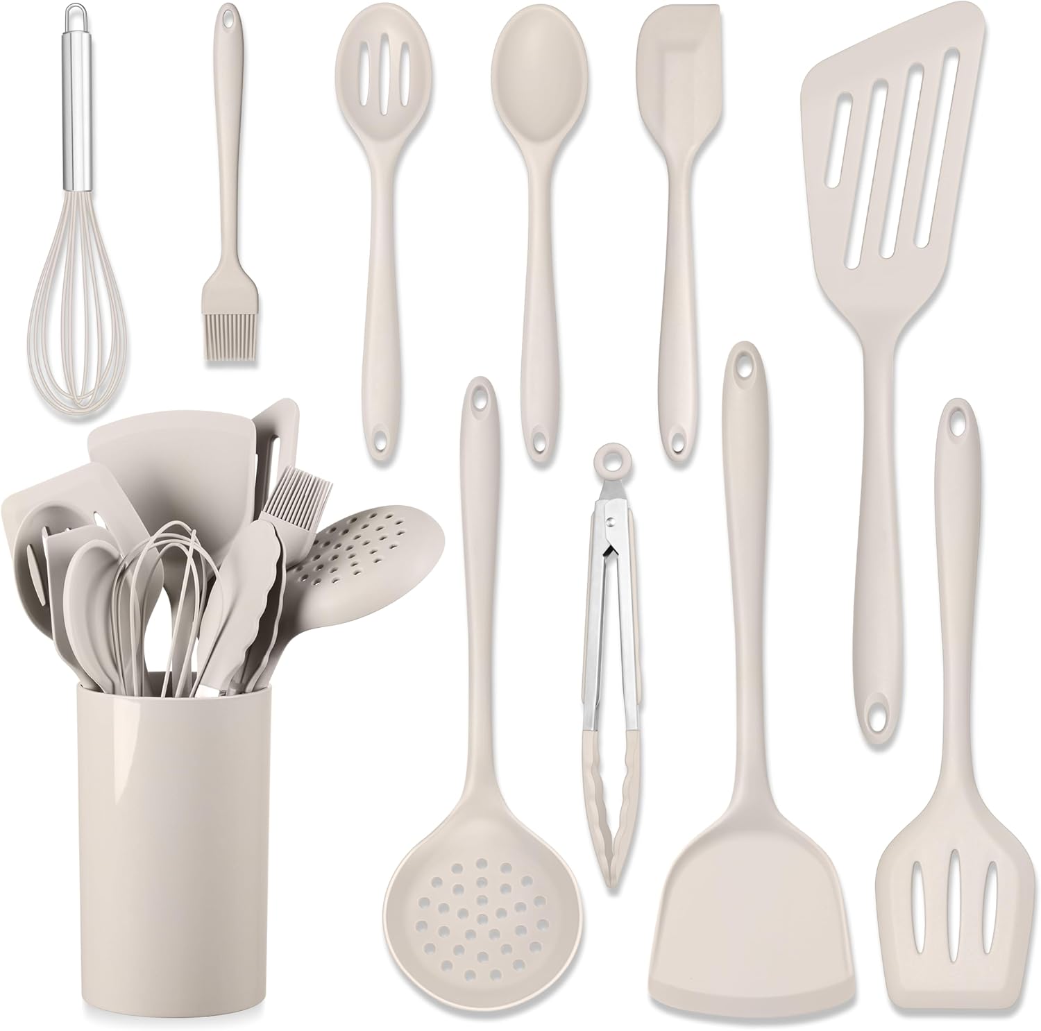 HaWare 11 PCS Silicone Cooking Utensils Set, Heat Resistant Kitchen Utensils with Holder, Food-grade Spatula Sets for Nonstick Cookware, Kitchen Tools Gadgets Include Fish Turner, Spoon (Khaki) HaWare 11 PCS Silicone Cooking Utensils Set, Heat Resistant Kitchen Utensils with Holder, Food-grade Spatula Sets for Nonstick Cookware, Kitchen Tools Gadgets Include Fish Turner, Spoon (Khaki)