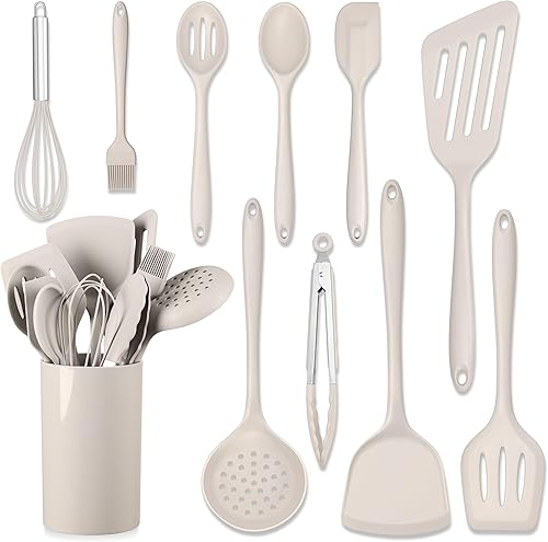 HaWare Juego de 11 utensilios de cocina de silicona, resistentes al calor, con soporte, espátula de grado alimenticio para utensilios de cocina