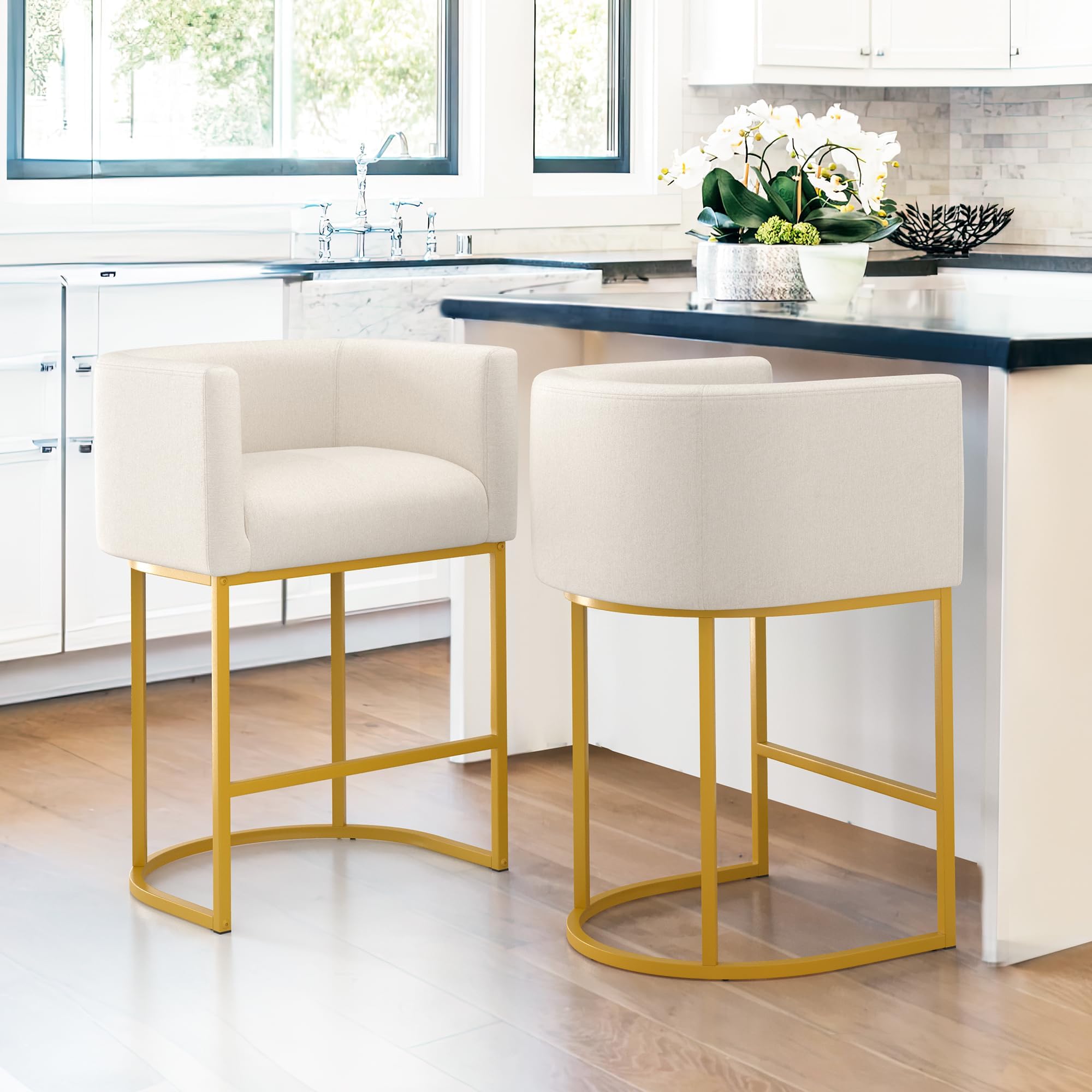 LUE BONA 27" H Counter Height Bar Stools Set of 2, Modern Barrel Counter Stools with Backrest and Arms, Gold Metal Frames, Linen Fabric Upholstered Accent Barstools for Kitchen Island, Beige