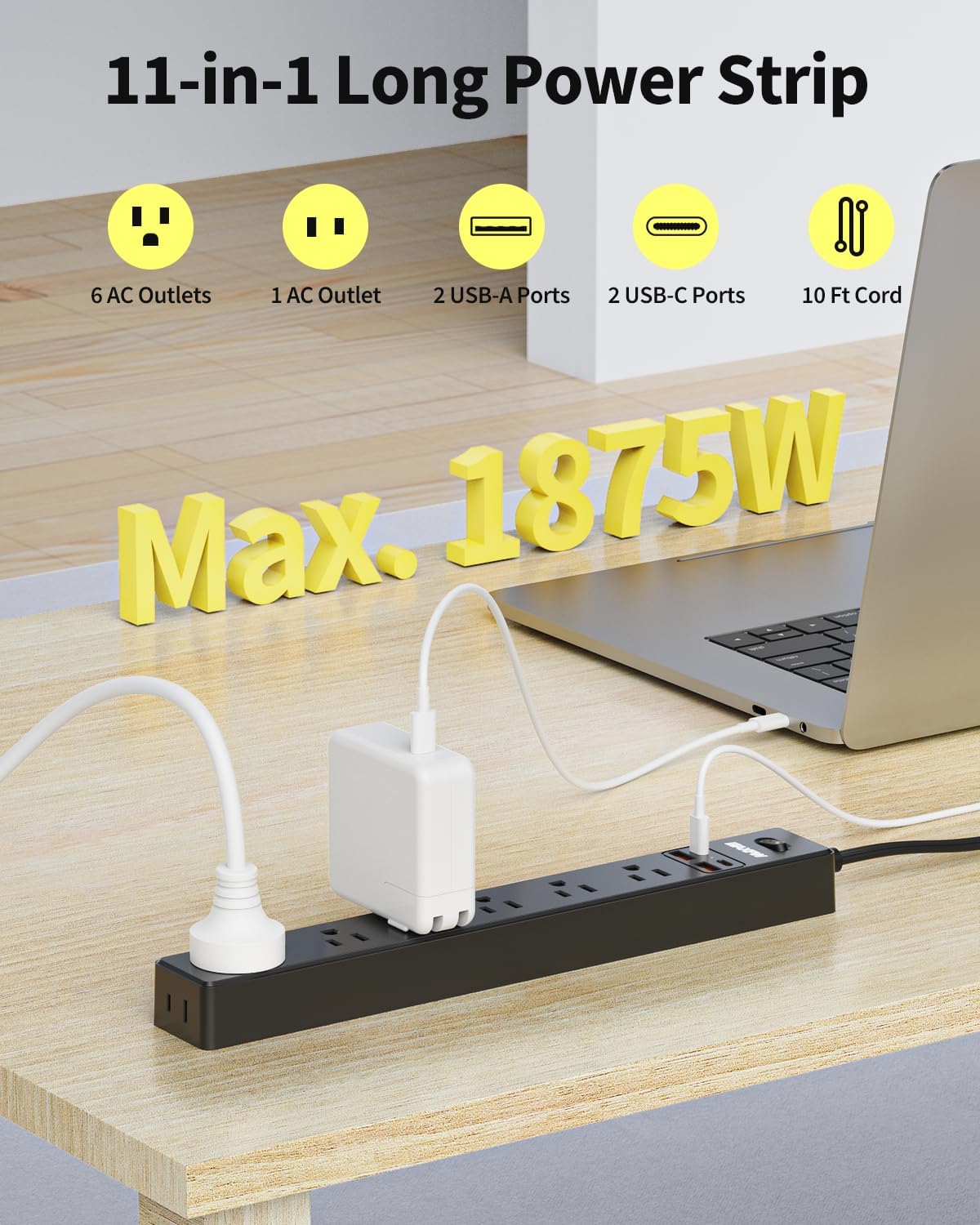 2 Pack Power Strip Surge Protector - 7 Outlets 4 USB Ports (2 USB C), Maxpw 10 Ft Ultra Thin Flat Plug Extension Cord, 1875W/15A, 1700 Joules, Wall Mount for Home Office Dorm, Black 10 FT-2 Pack Black image 2 of 7 B0DM1YWPWH