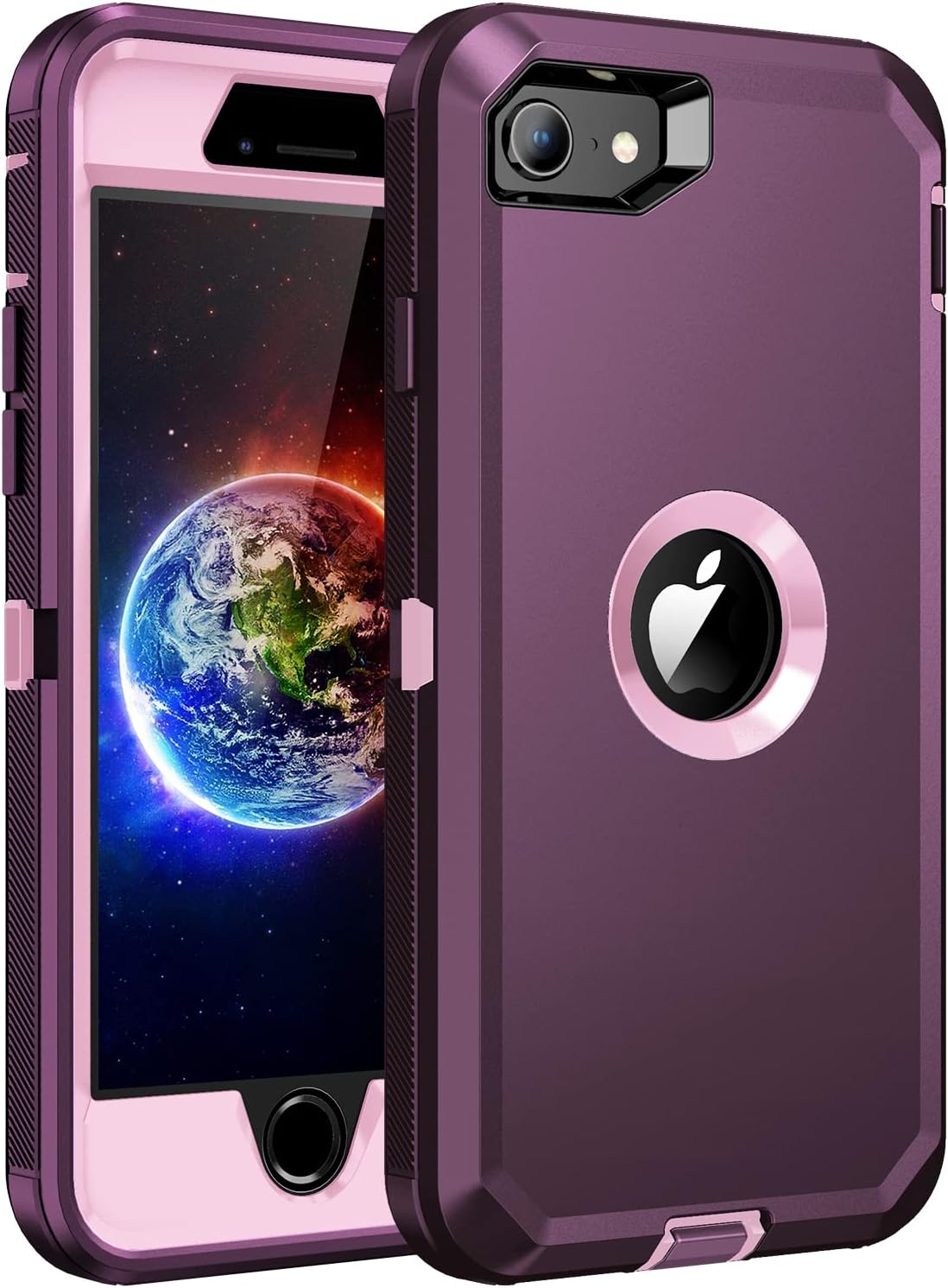 RegSun for iPhone SE 2020 Case,Built-in Screen Protector,Shockproof 3-Layer Full Body Protection Rugged Heavy Duty High Impact Hard Cover Case for iPhone SE 2nd Gen 4.7-inch,Deep Purple/Pink