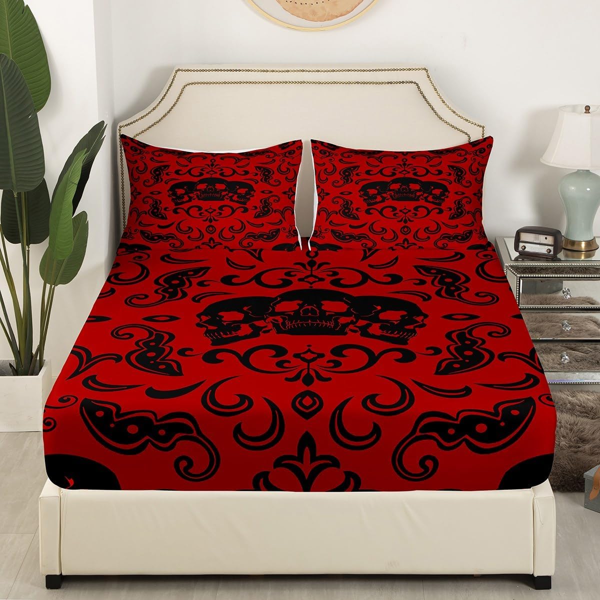 Halloween Skull Fitted Sheet Queen Retro Baroque Damask Goth Bed Sheets Halloween Red and Black Skeleton Gothic Bedding Set for Kids Boys Men,Black Horror Bed Cover 2 Pillow Cases