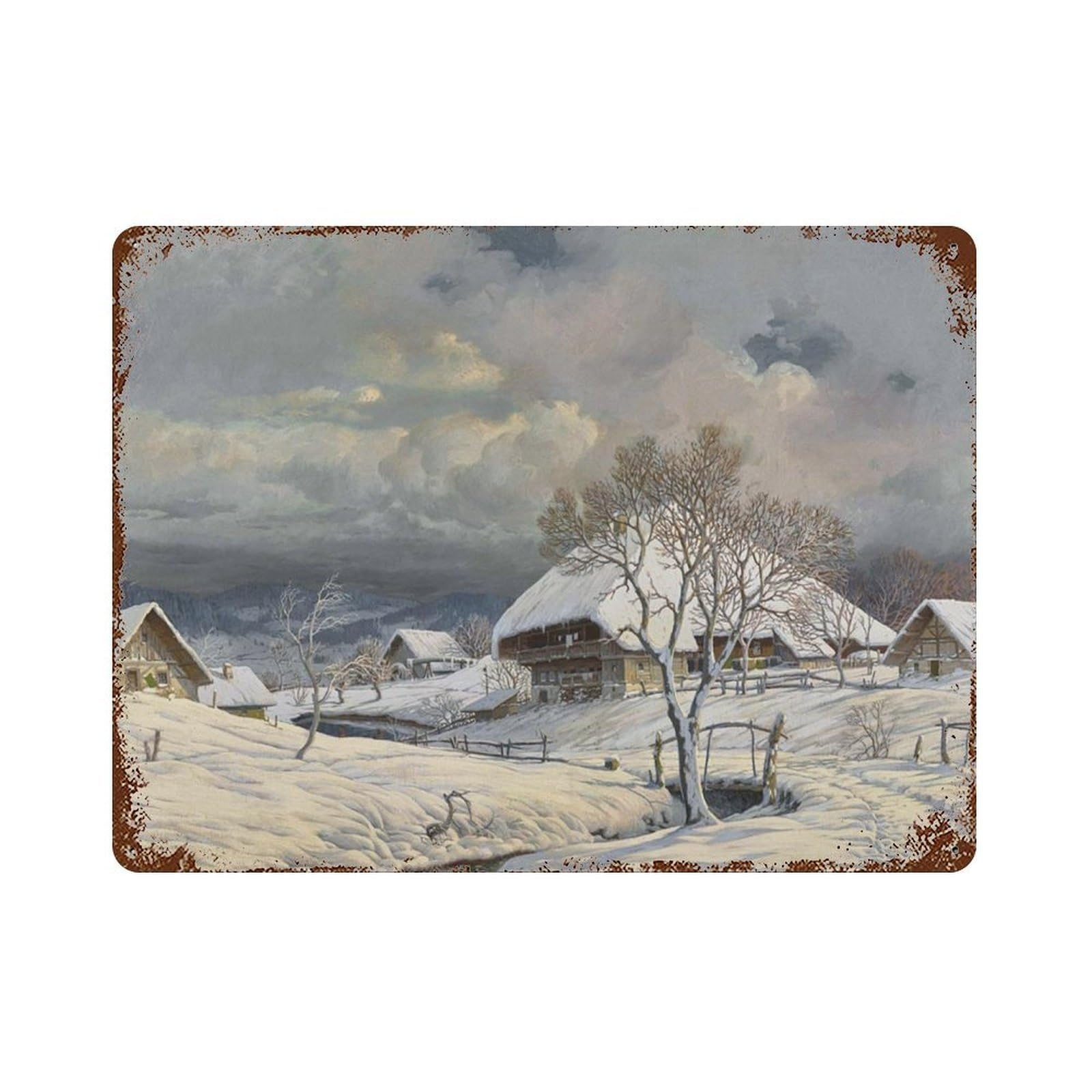 xiaoxiaoshen Winter， Vintage Aesthetic, Village Snow Scene, Neutral Christmas Wall Decor Art Metal Tin Poster Modern Home Decor Art Home Bar Shop Decorations Vintage Sign 30x40cm