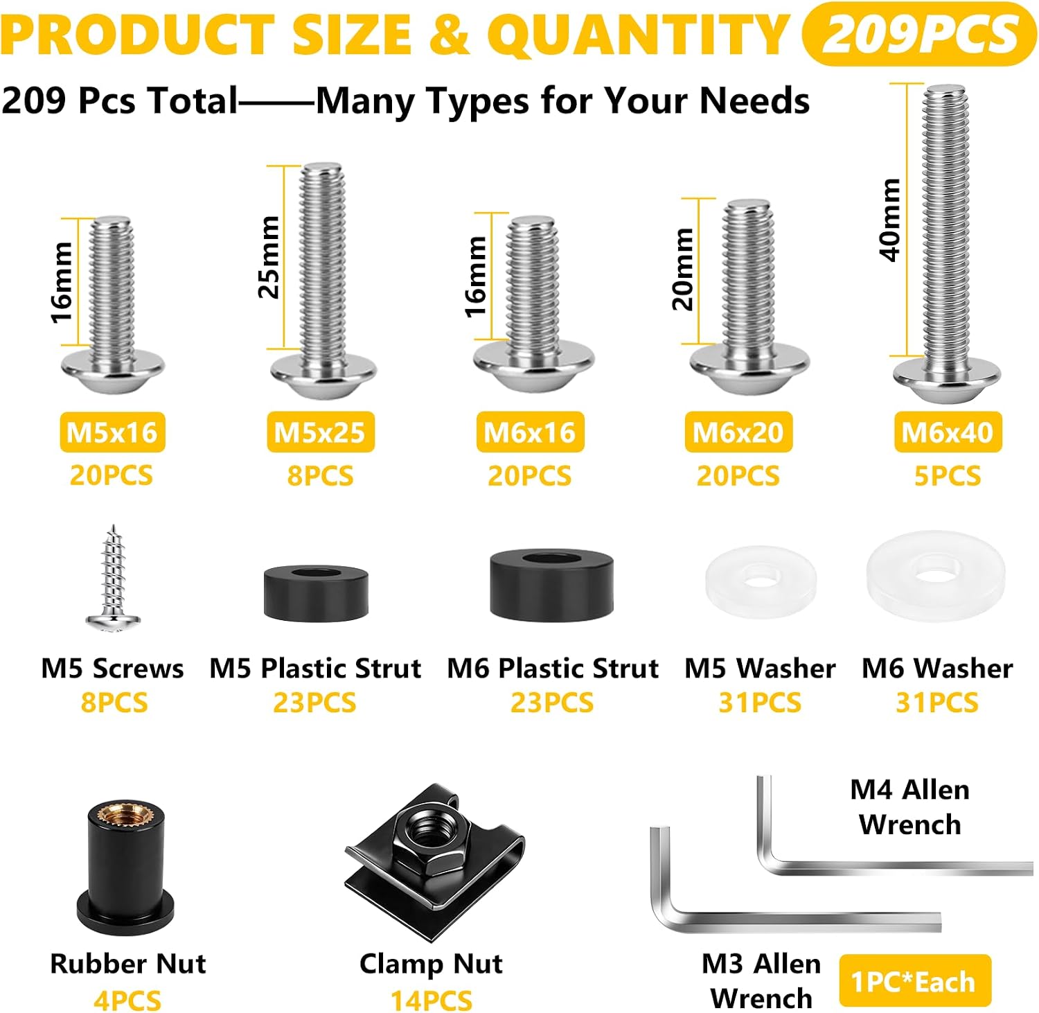 209PCS Motorcycle Fairing Bolt Kit, M5 M6, 304 Stainless Steel