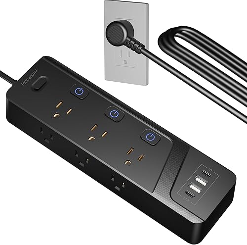 Miniatura 9 de Regleta protectora de sobretensiones con interruptores individuales, 6 tomas espaciadas anchas, 4 puertos USB (2 USB C), cable de extensión de 6