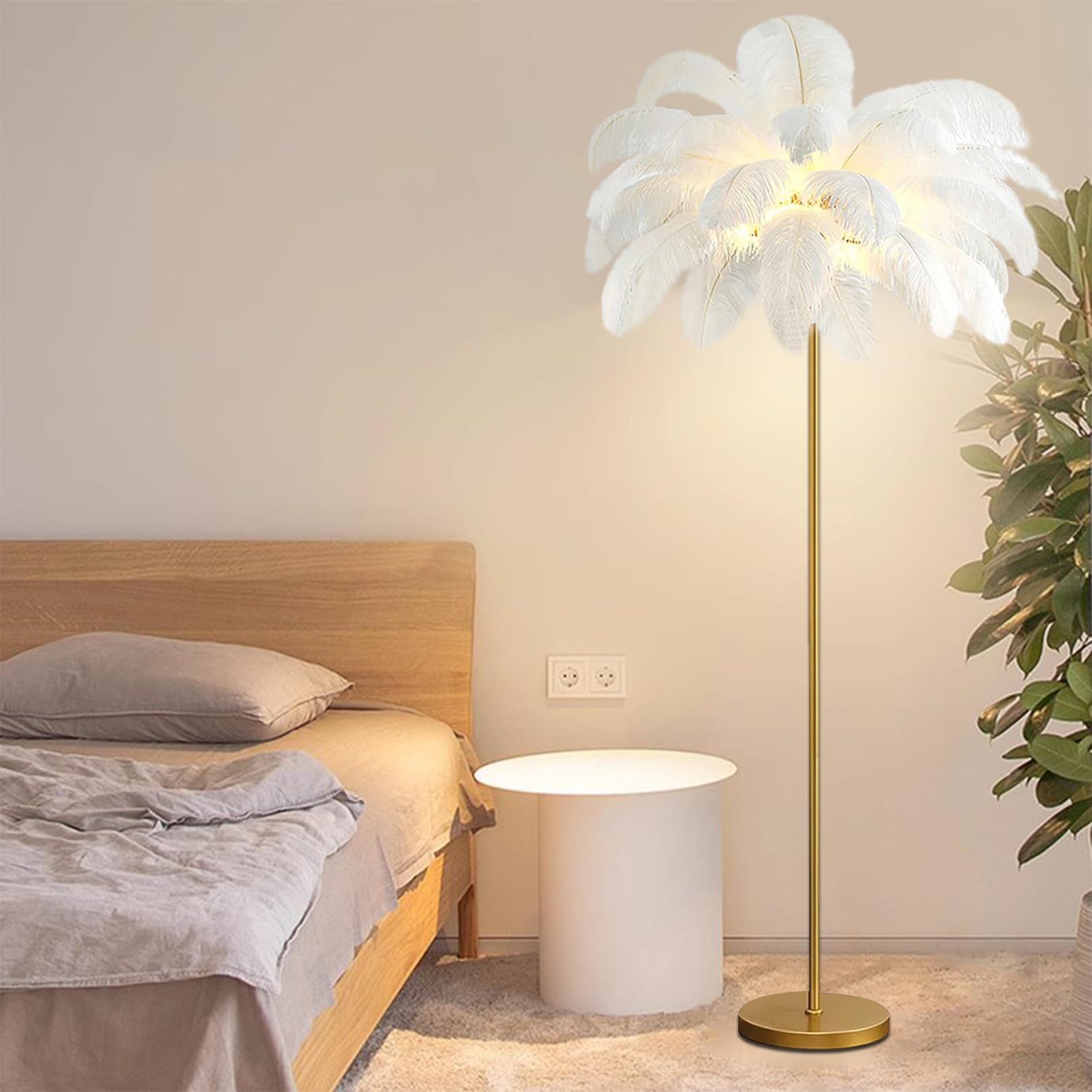 KUviez Ostrich Feather Floor LampFeather Floor Lamp with Natural Ostrich Feather Shade - Feather Lamp for Bedrooms Funky Decor - Girls Bedroom Decor Chic Feather Shade