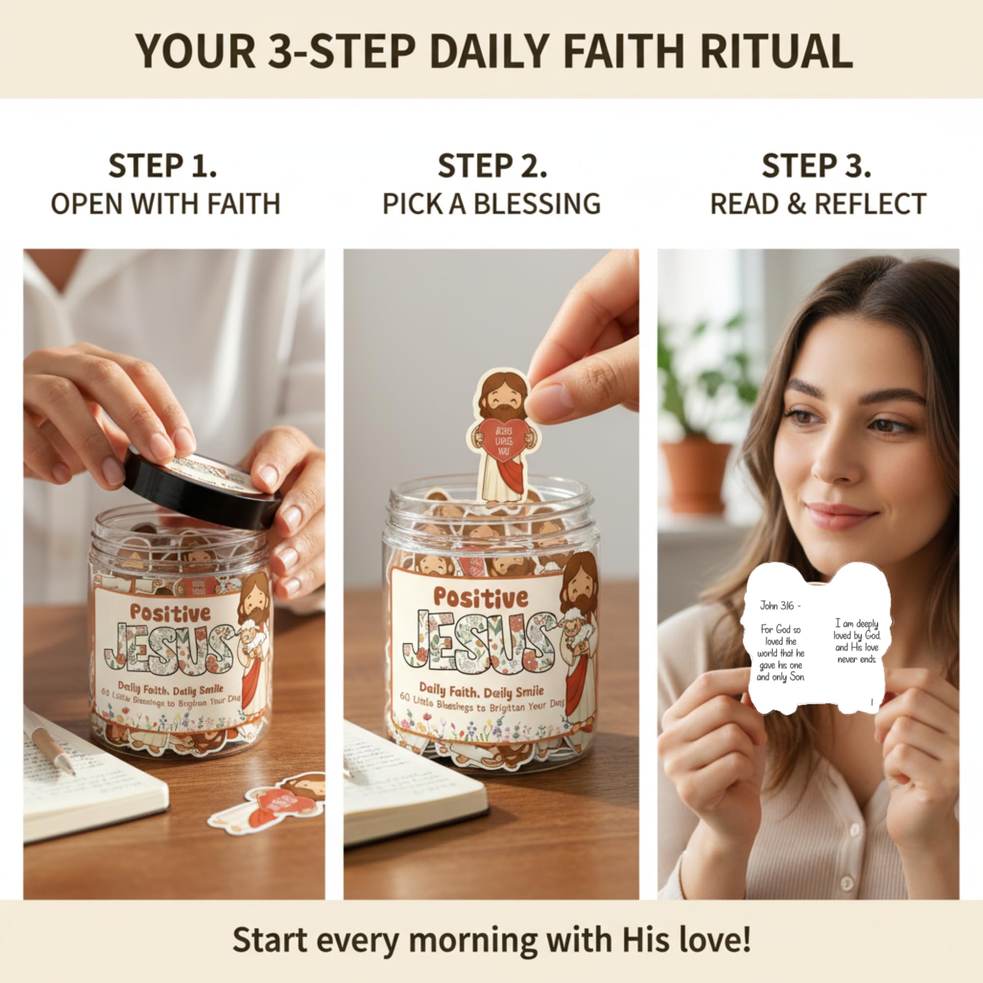 Positive Jesus Jar — 60 Emotional Support Jesus Cards with Bible Verse and Affirmation, Scripture Encouragement for Teen Girls Women, Christian Mothers Day Gift