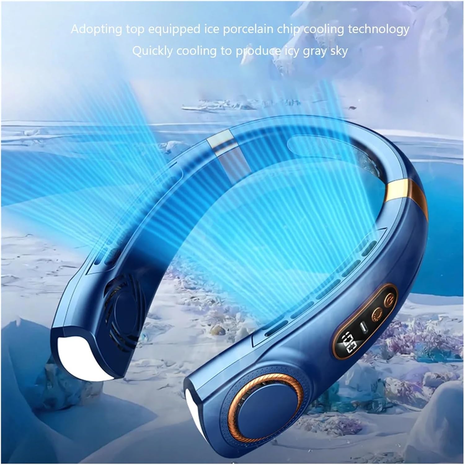 Mute USB Personal Fan Digital Display 5 Speeds Rechargeable Bladeless Portable Neck Fan Home School Office(Blue standard)