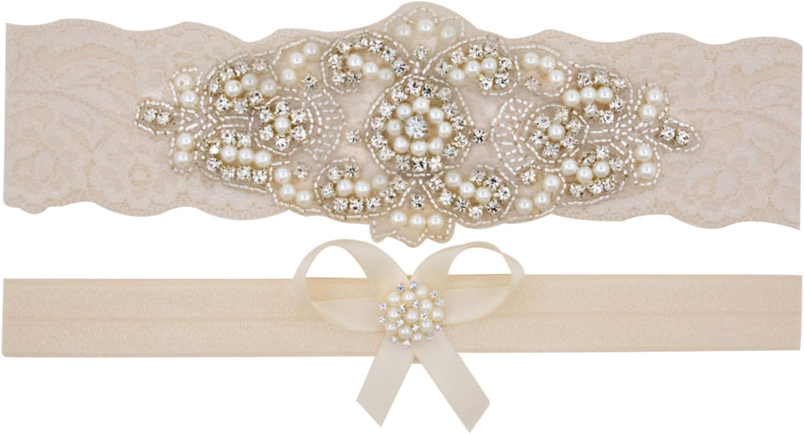 Beaded Garter | Wedding Garter Set | Garters | Ivory Garter | Lace Garters | Wedding Belt | CG101 (M (18-19"))