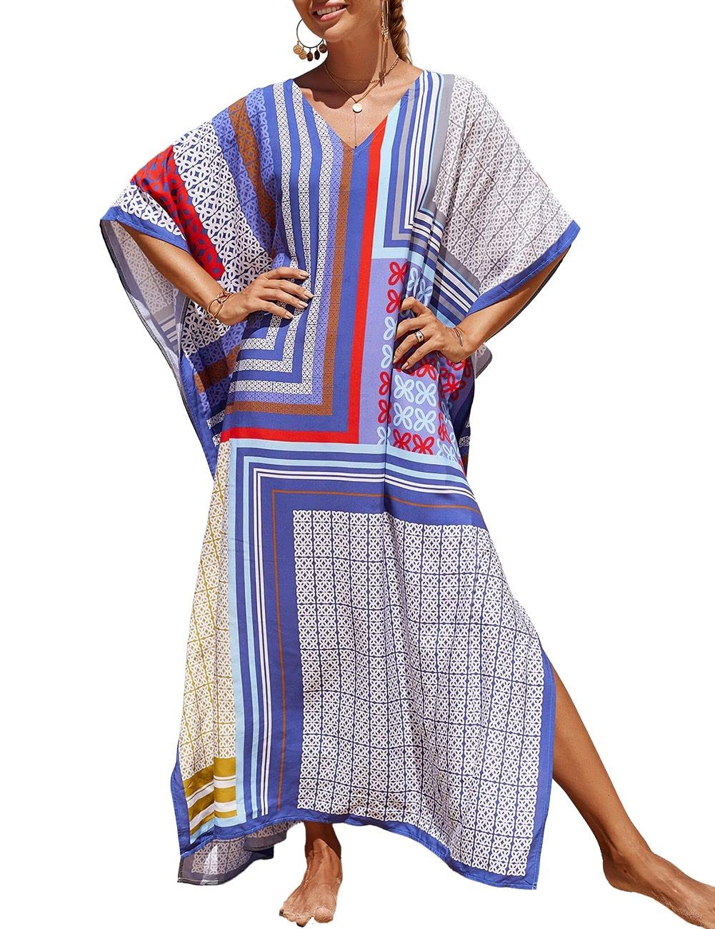 Photo 1 of Bsubseach Plus Size Bathing Suit Cover Up Colorful Caftan Dress for Women Long Bikini Coverup Block Combination
ONE SIZE 
