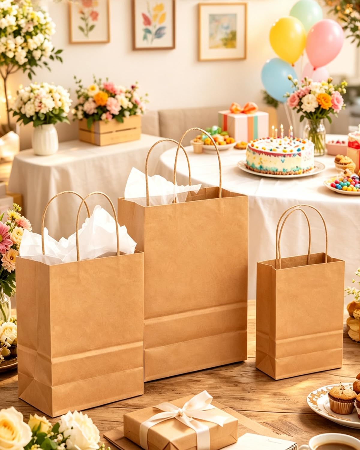Gcardist Braune Papiertüten mit Henkeln, Großpackung mit 100 Stück in verschiedenen Größen (groß – 33 Stück, mittel – 33 Stück, klein – 34 Stück)