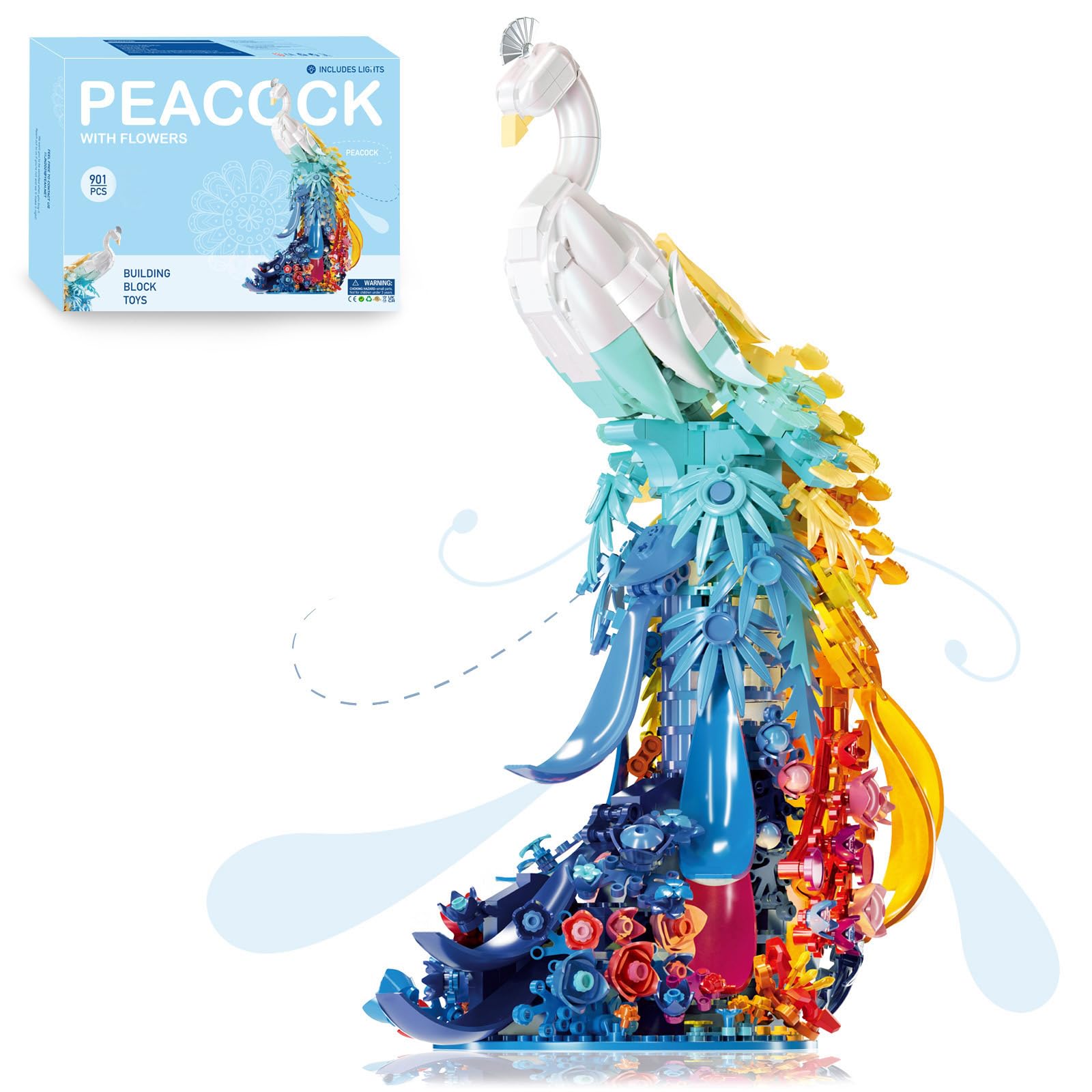 Figurines d'animaux de paon compatibles avec les célèbres marques, 901 pièces, paons, animaux, modèle avec fleurs, plumes de queue et lumière, cadeaux décoratifs créatifs pour adultes et jeunes