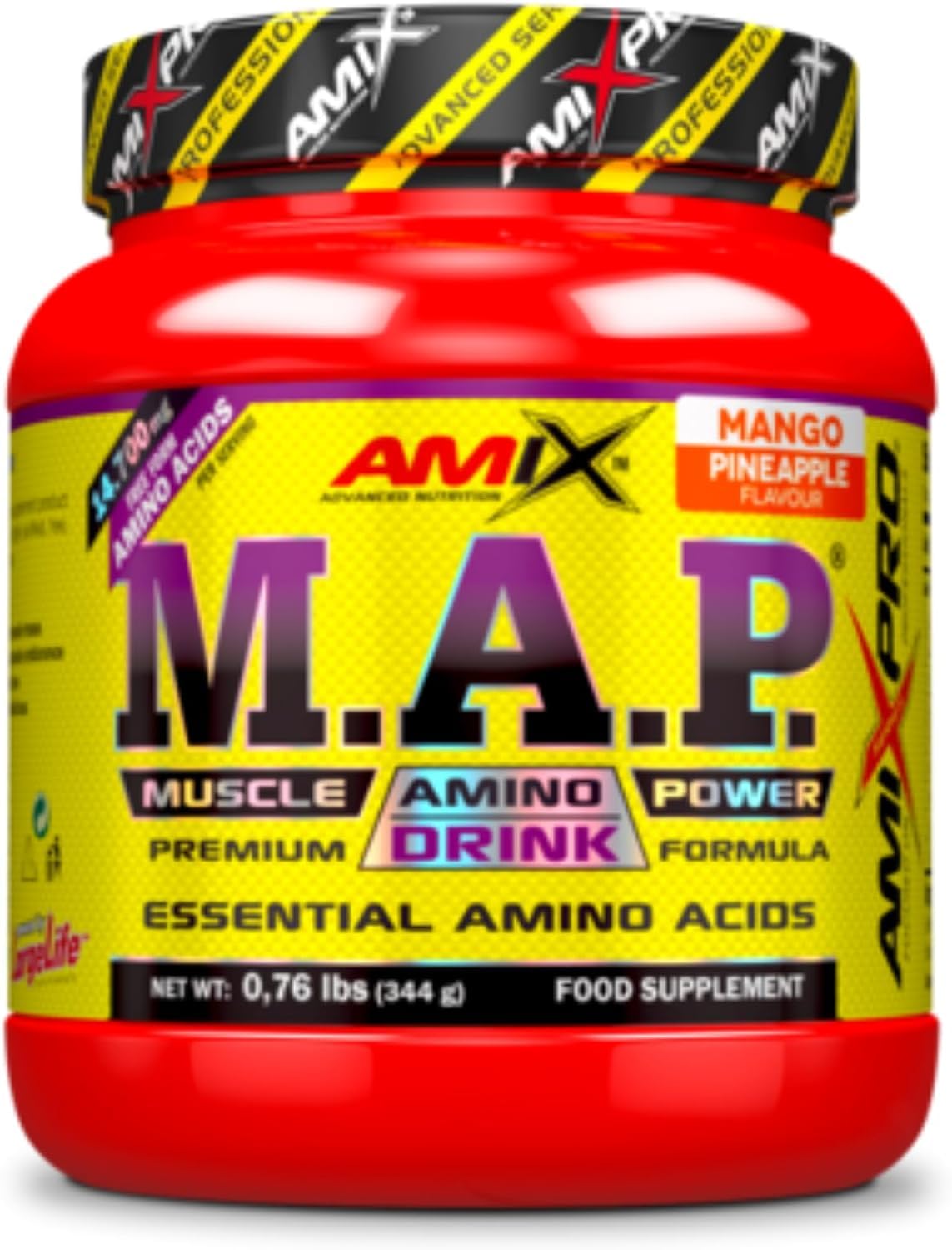 AMIX Map Muscle Muscle Amino Power - Essential Amino Acid Sports Supplément - Favorise la Synthèse des Protéines Post-formation et Améliore la Masse Musculaire - Mangue - Ananas - 344 g