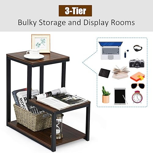 Miniatura 15 de Tangkula Mesa auxiliar de sofá de 3 niveles, mesita de noche con estante de almacenamiento, marco de metal resistente, mesa auxiliar para silla en