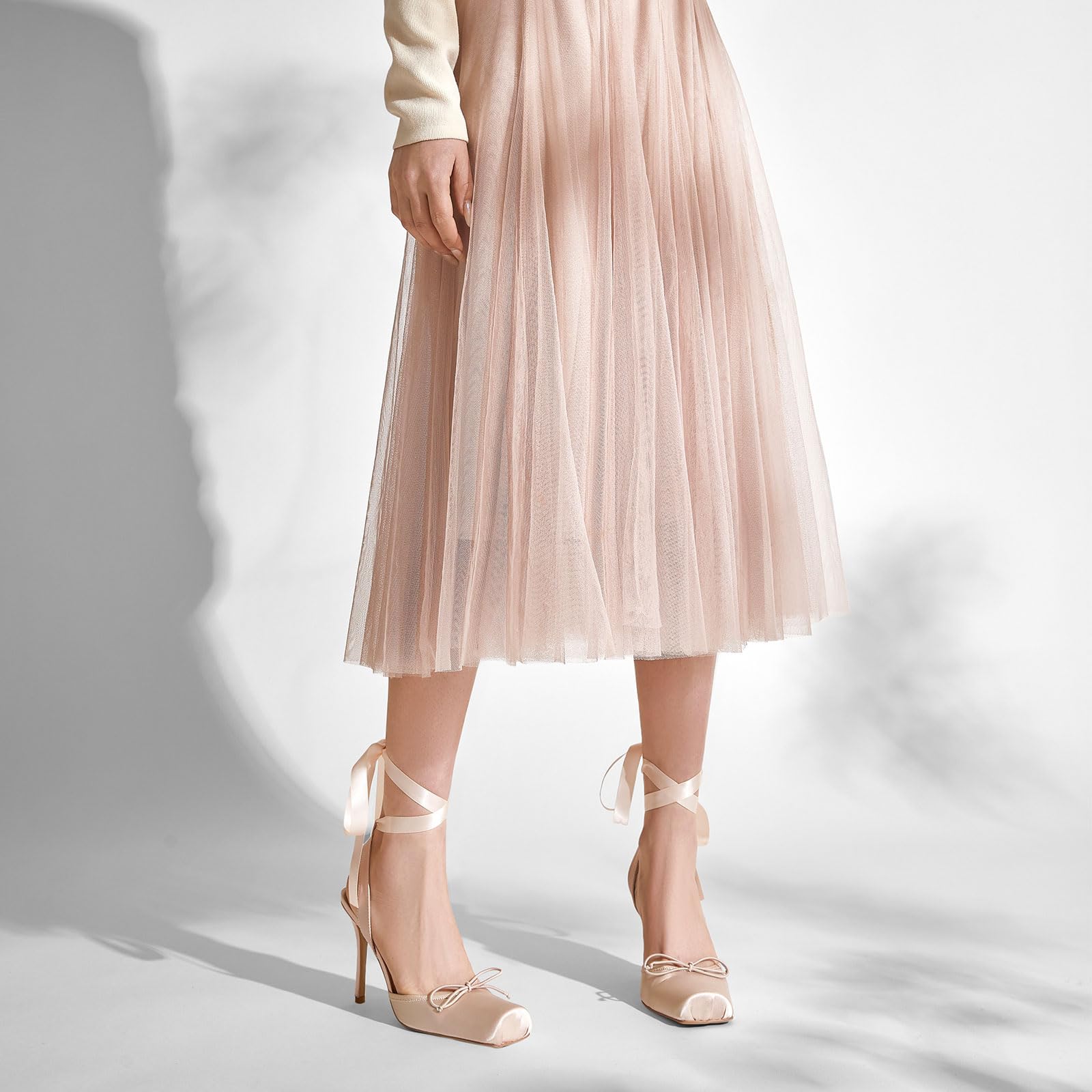 Vertundy Women's Satin Ballet Heels Lace Up Square Toe Stiletto High Bow Ballerina Heels