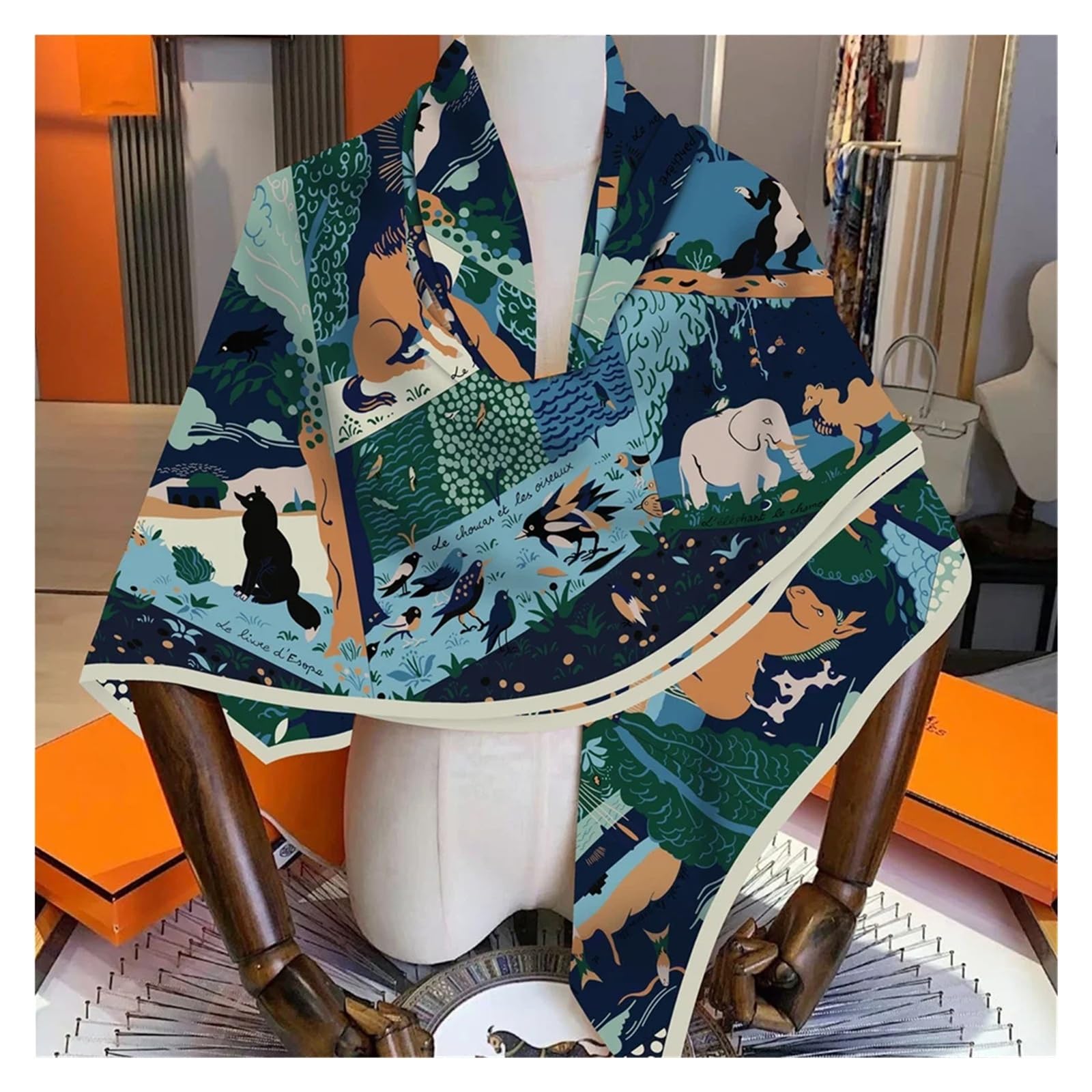Sciarpe Da Donna 30% Seta 70% Sciarpa di Cachemire Donna Arrotolata A Mano Animali Stampa Sciarpe Quadrate Avvolge Bandana Grande Hijab Foulard Femminile 135 CM