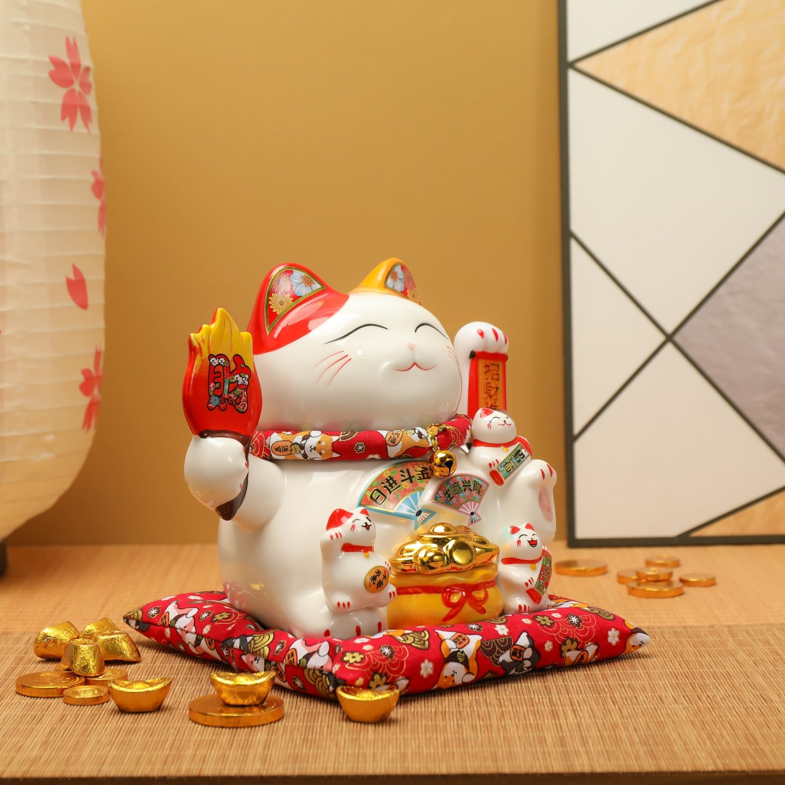 Estatua grande de gato de la suerte Maneki Neko de 9 pulgadas, gato ondulado de cerámica con lingote dorado, decoración tradicional japonesa de la fortuna, regalo blanco y rojo para
