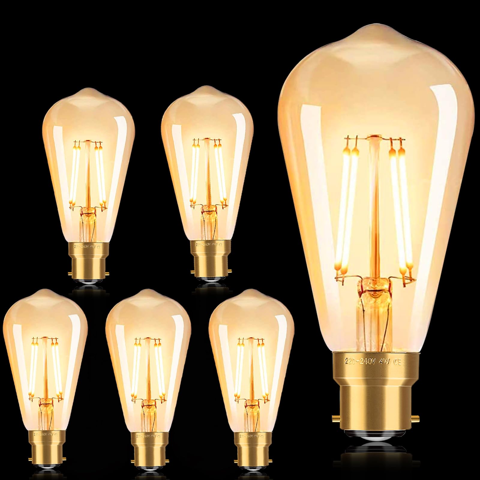 FASUTY Dimmable Bayonet Light Bulbs Edison,Vintage LED Filament Bulb B22,ST64 Amber Glass CRI 90+ Decorative Bulbs,No Flicker Retro Antique Bulbs,4W(40W Equivalent) Warm White 2700K-6PACK