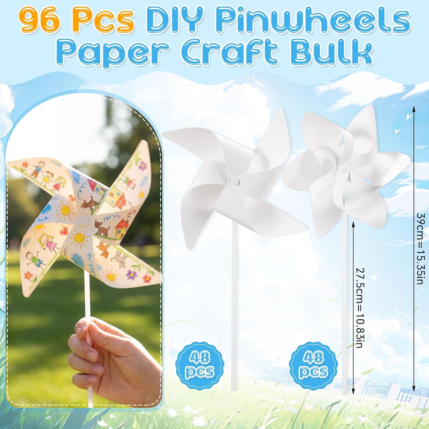 Arrowbash 96 Pack DIY Paper Pinwheels Bulk for Kids Color Your Own White Summer Pinwheels Back to School Student Crafts Blank Patriotic Windmills for Classroom VBS Sunday School Favors image 2