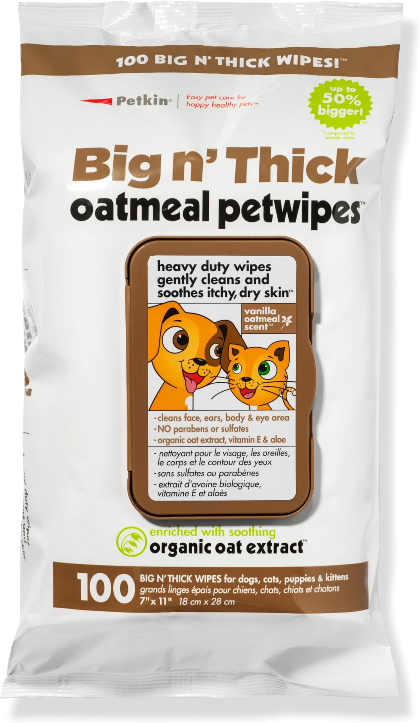 Petkin Pet Wipes for Dogs and Cats, Oatmeal, 100 Wipes (Large) for Dogs and Cats - Soothes Itchy Dry Skin and Cleans Ears, Face, Butt, Body and Eye Area - Idea for Home and Travel