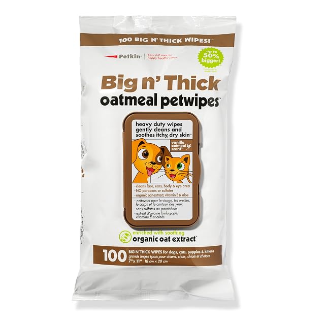 Petkin Pet Wipes for Dogs and Cats Oatmeal 100 Wipes Large for Dogs and Cats - Soothes Itchy