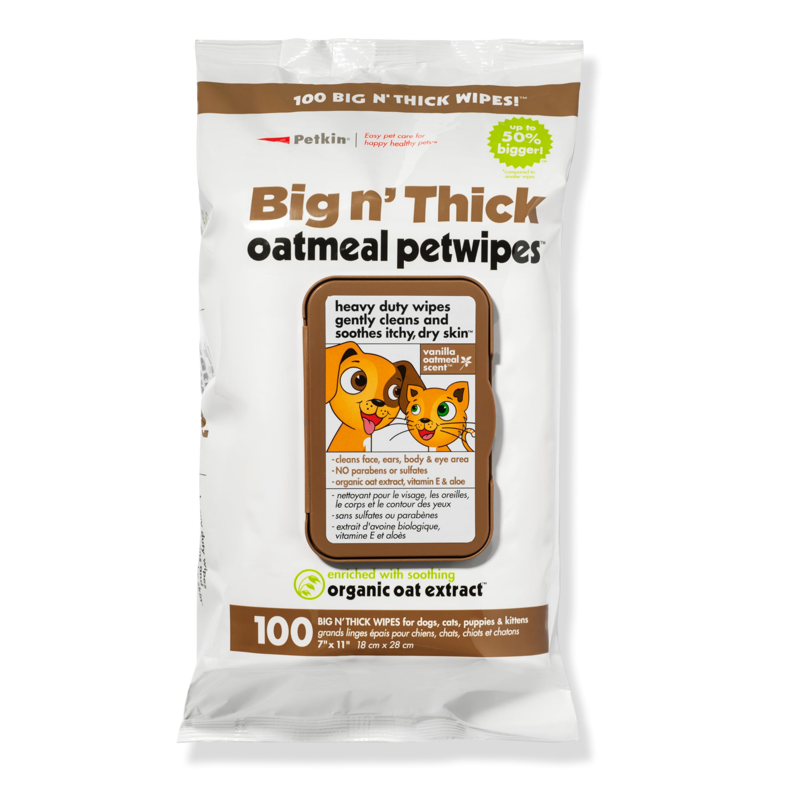 Petkin Pet Wipes for Dogs and Cats, Oatmeal, 100 Wipes (Large) for Dogs and Cats - Soothes Itchy Dry Skin and Cleans Ears, Face, Butt, Body and Eye Area - Idea for Home and Travel