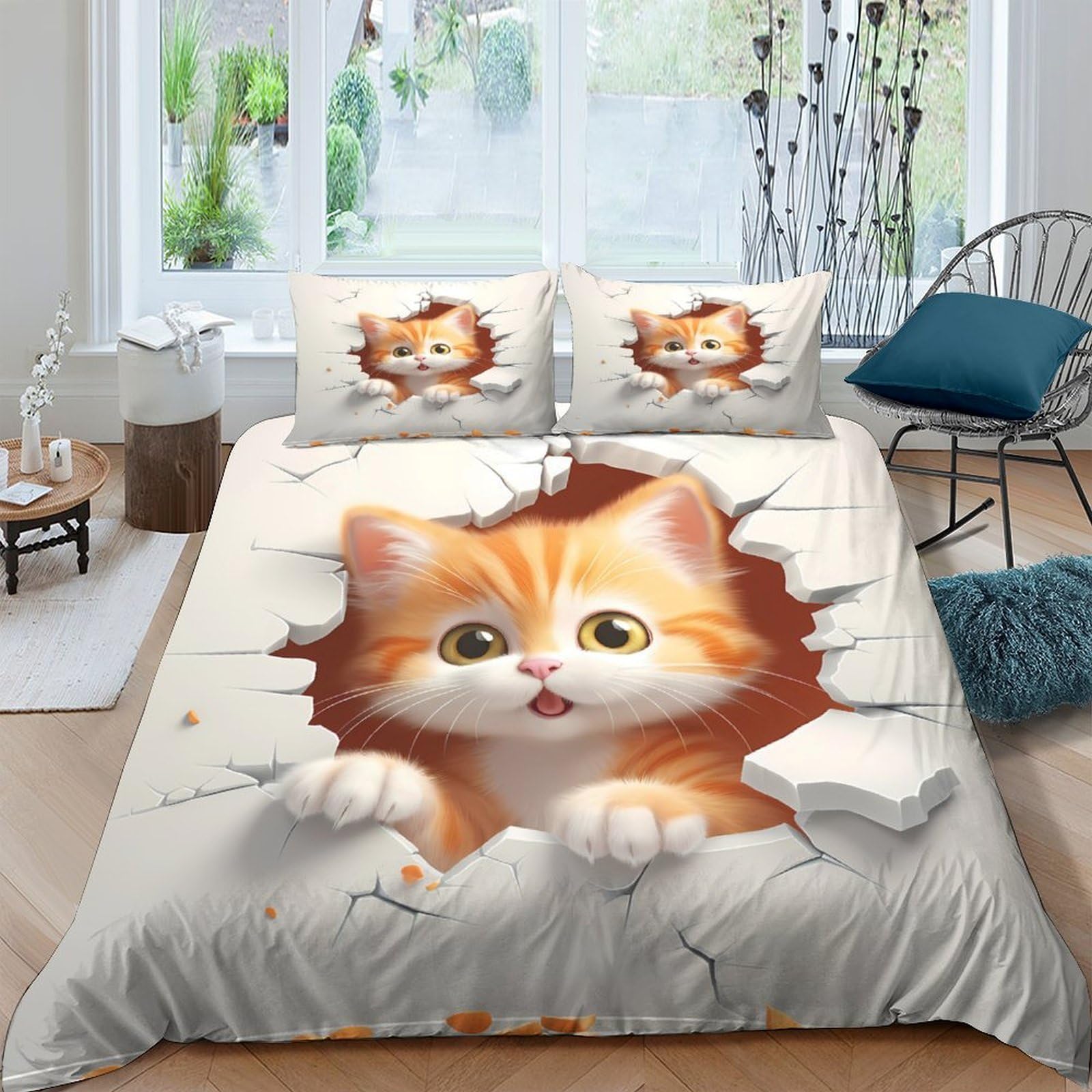 Ctjqhvkz Style-1 3D Printed Cute Orange Cat Fitted Sheet Microfiber Soft Bedroom Decor Cartoon Kitten Bed Cover For Home Dorm Single（135X200cm）