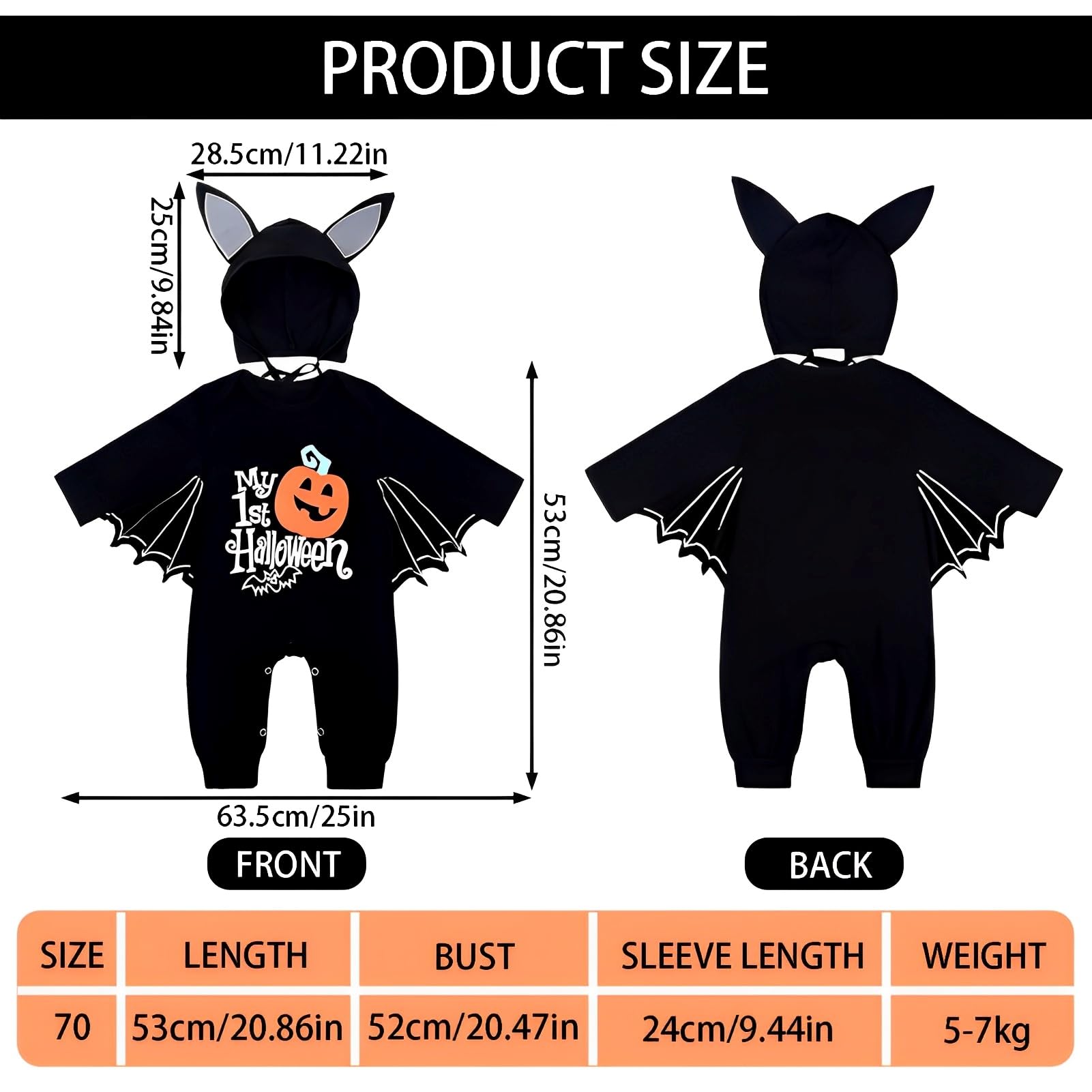 Bambino Halloween Pipistrello Costume, Pipistrello Pagliaccetto Baby, Pagliaccetto Bambino Cosplay Costume, Halloween Costume Con Cappello, Adatto a Bambini di 0-7 Mesi, Unisex