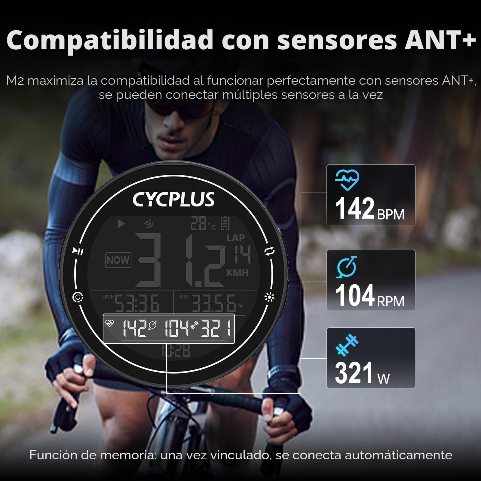 CYCPLUS Ordenador de Bicicleta GPS, Ordenador de Bicicleta inalámbrico, Resistente al Agua, IPX6, velocímetro Ant+, Ordenador de Bicicleta inalámbrico,Bluetooth, Compatible con Strava