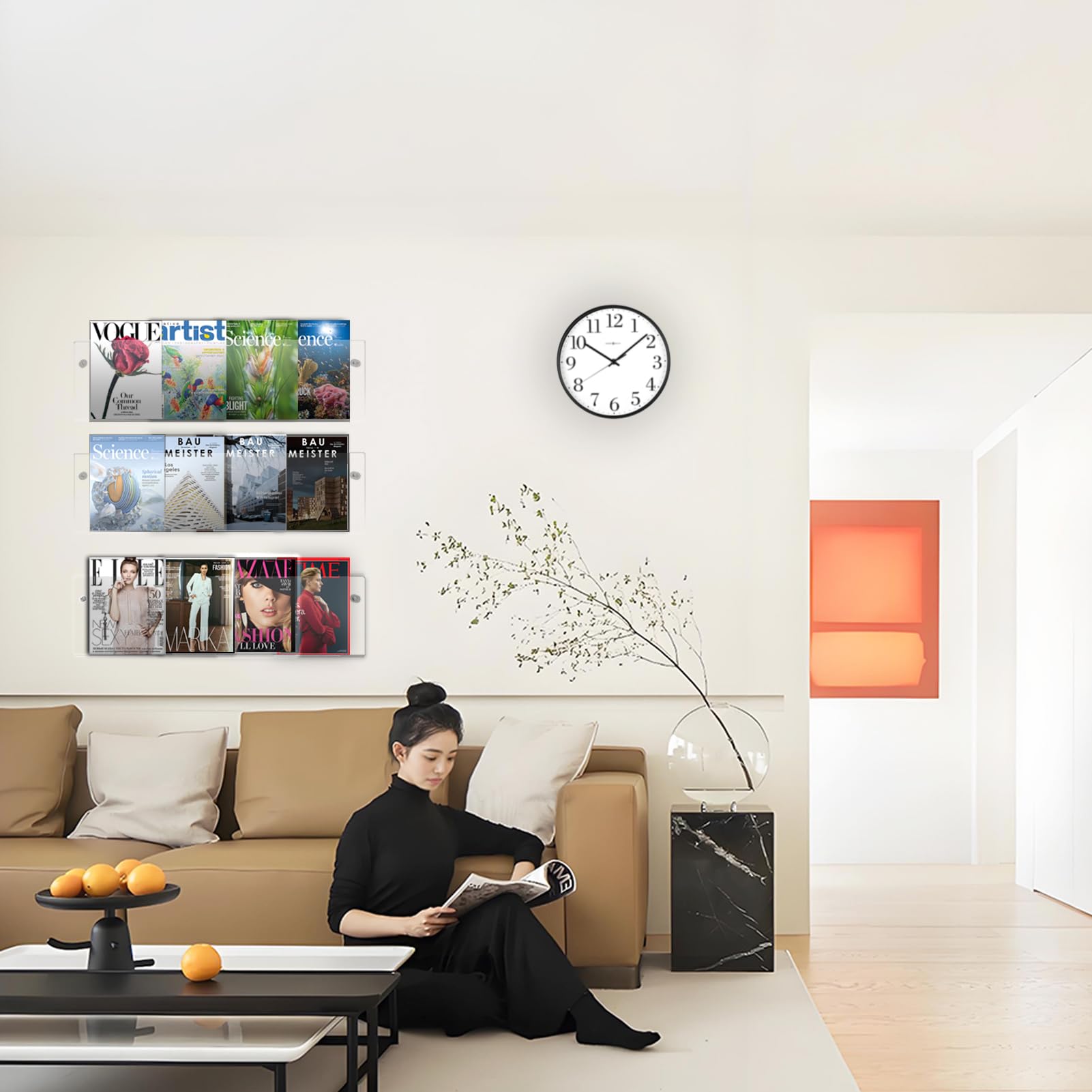 Revistero Pared,Paquete de 3, Estante para Revistas, Longitud de 48 cm,Acrílico Transparente,Adecuado para Habitación de los Niños, Sala de Estar, Dormitorio y Oficina
