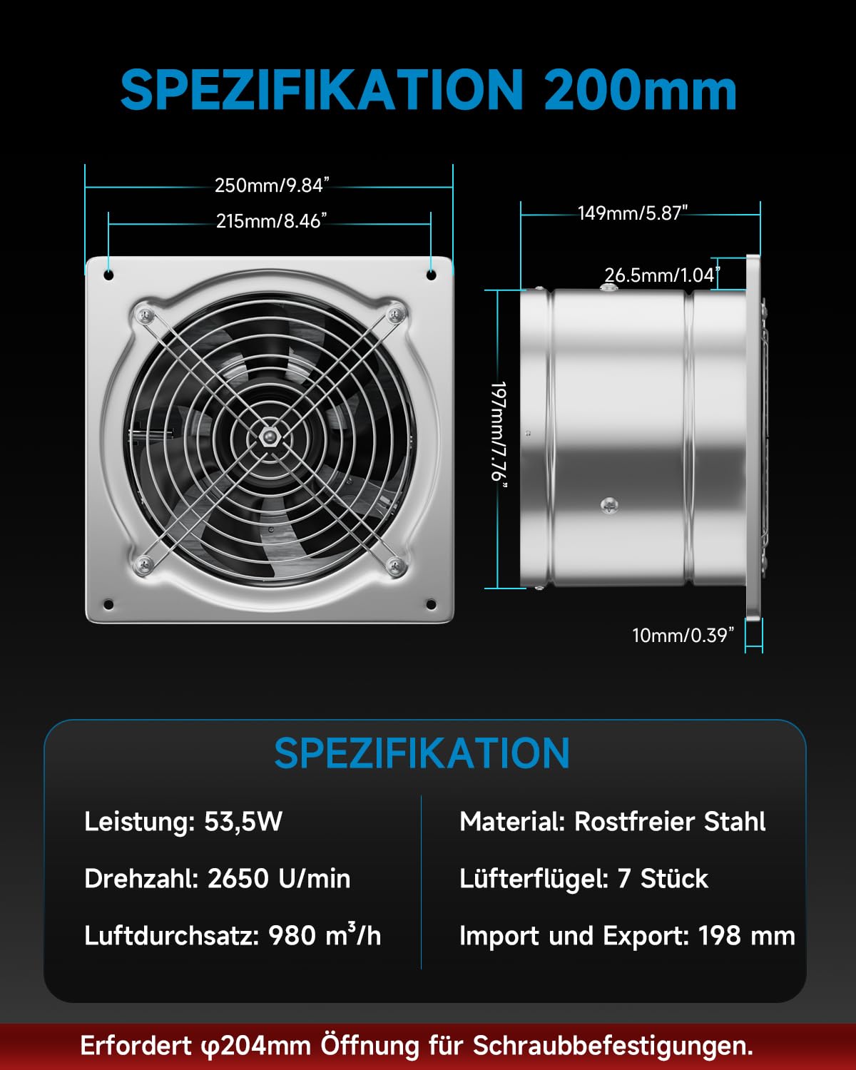 Hon&Guan 200mm Abluftventilator 980m³/h Industrie, Badlüfter mit Rücklaufklappe, Rauchabzug Wandventilator Abluft mit EU-Stecker für Garage Werkstatt Lager Dachboden,Silber